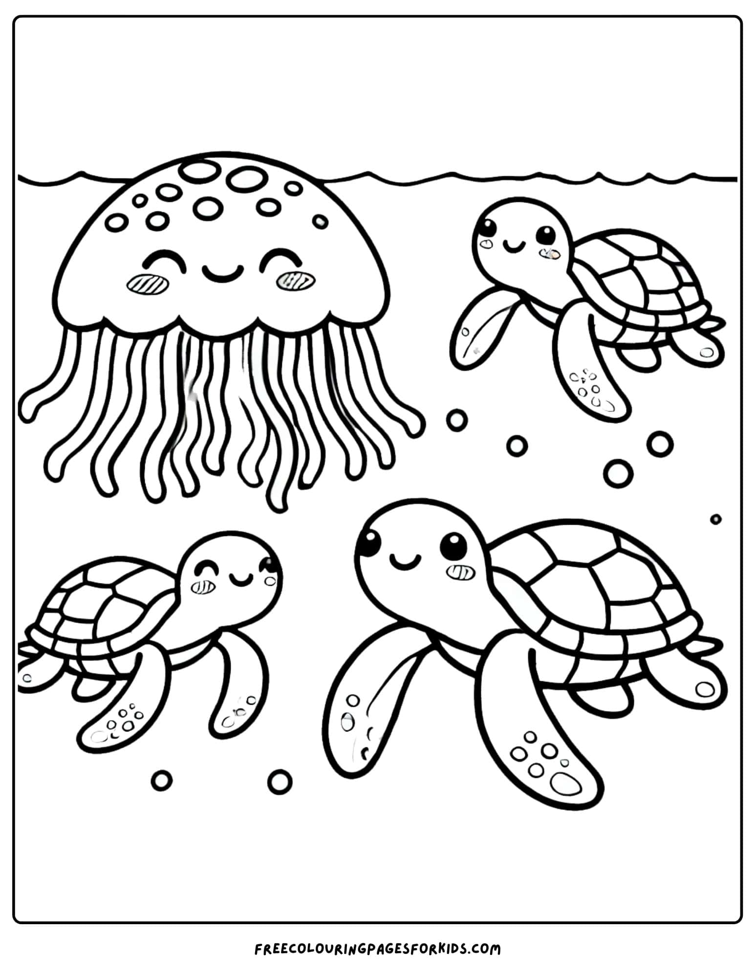 jellyfish with sea turtles coloring page