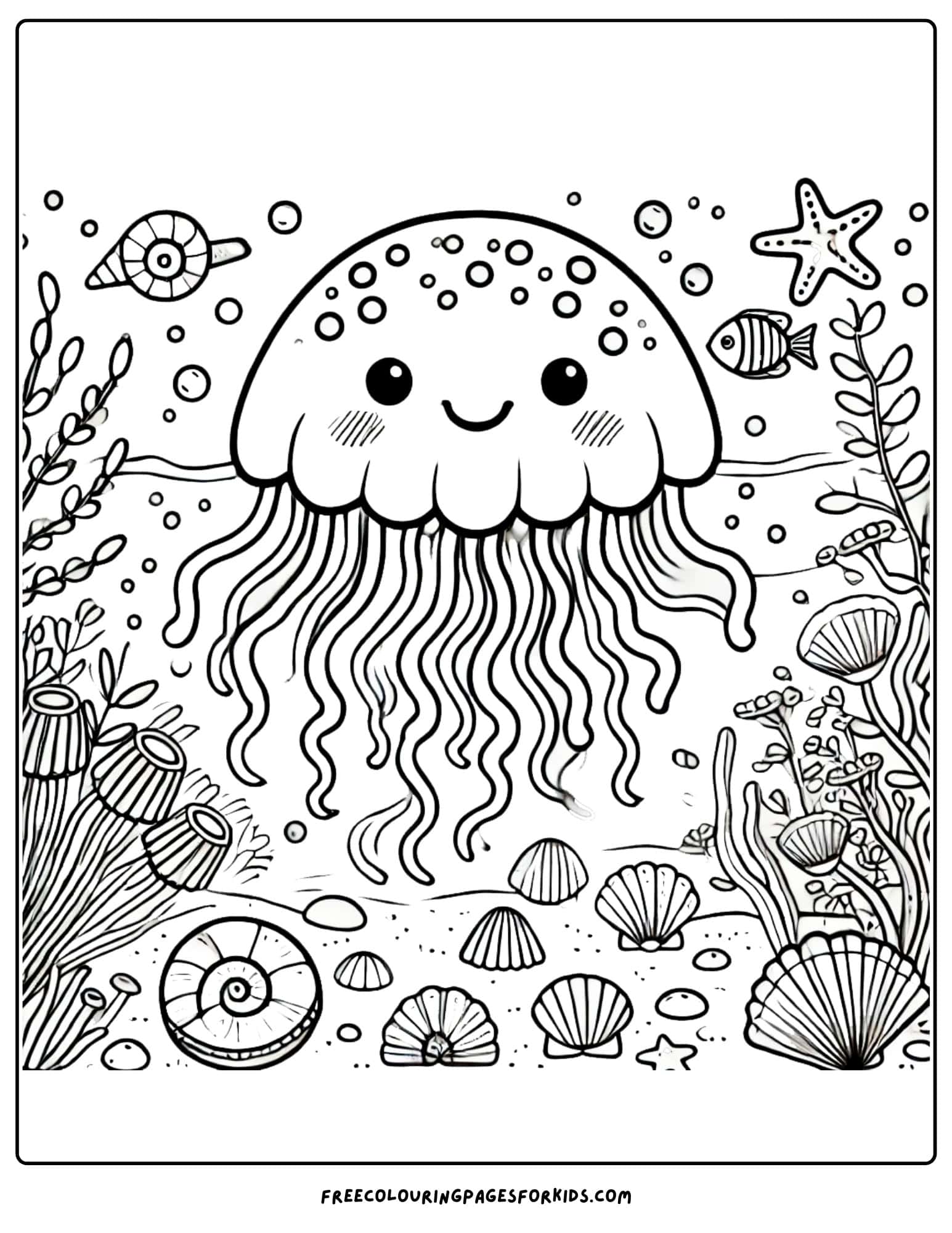 jellyfish in the ocean with seashells coloring page