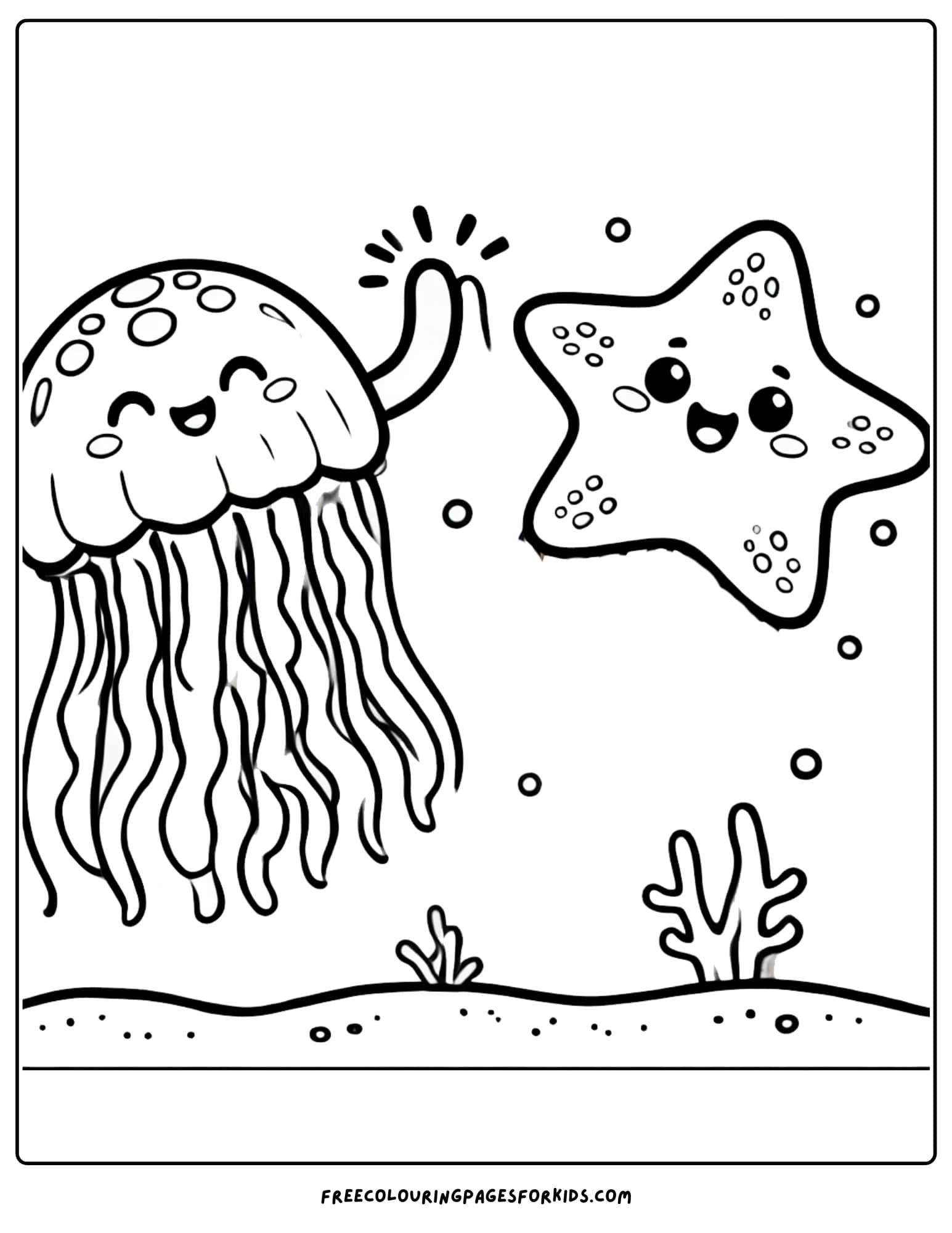 jellyfish high fiving a starfish coloring page