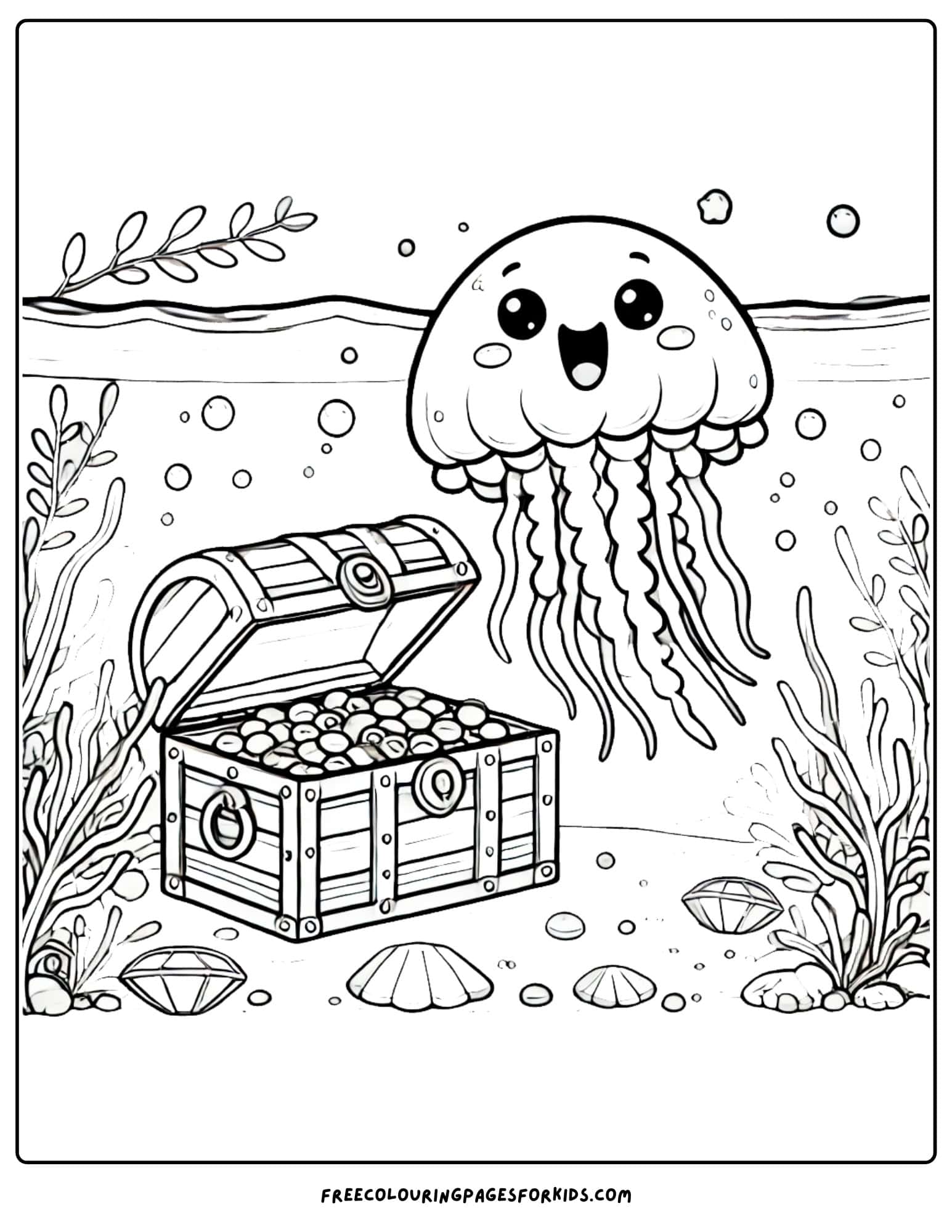 jellyfish with a treasure chest coloring page