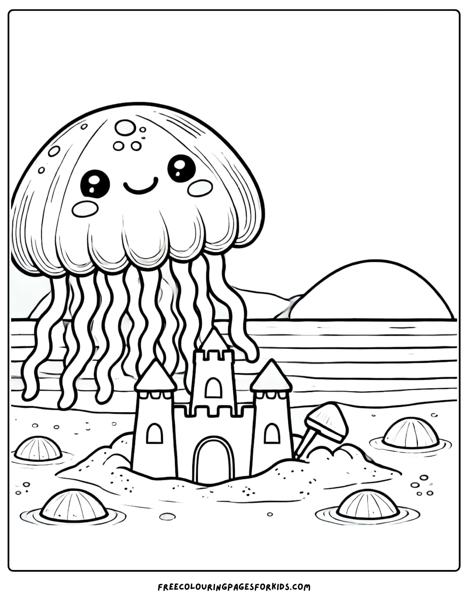 jellyfish building a sandcastle on the beach coloring page