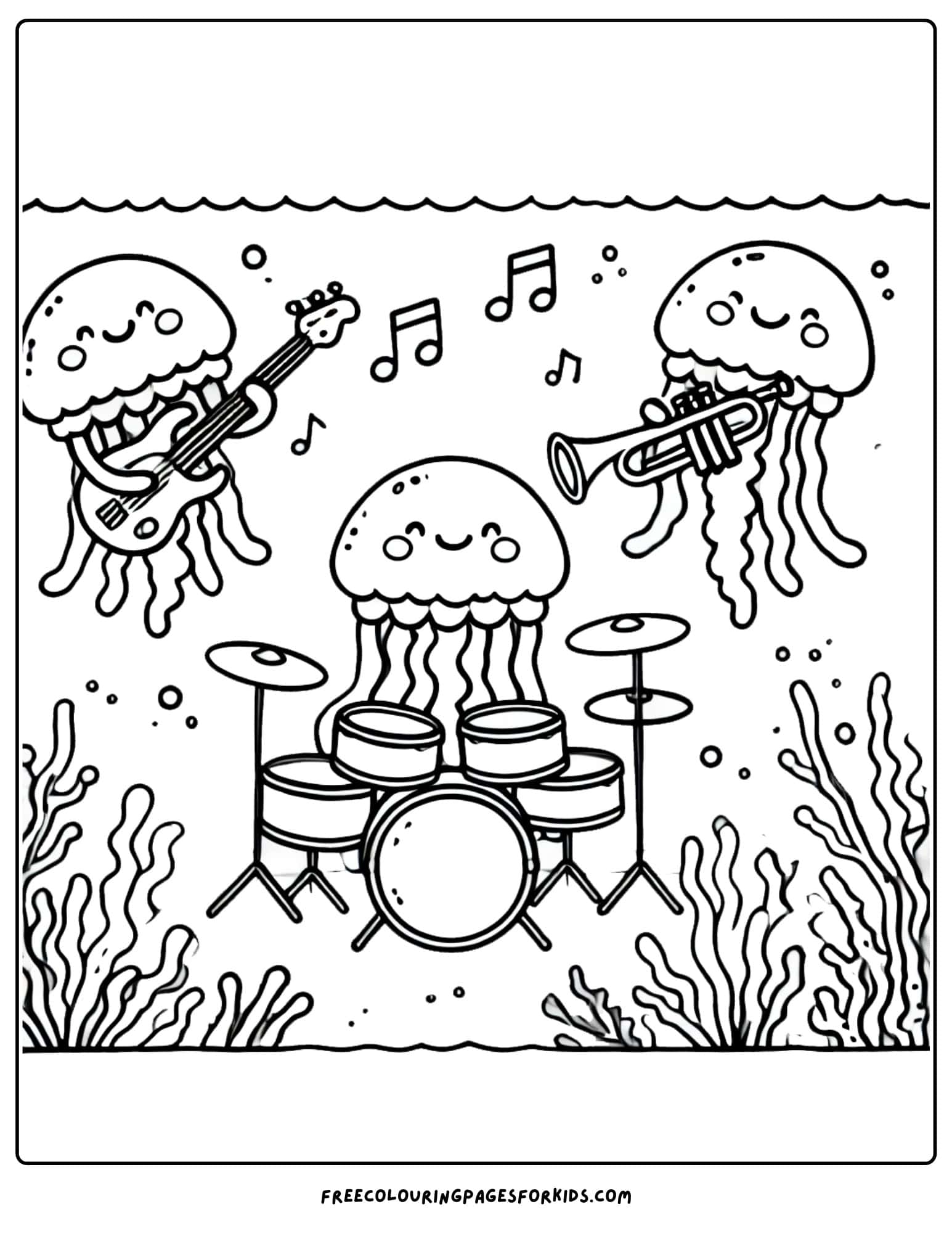 jellyfish playing music in a band wth drums anda. guitar coloring page