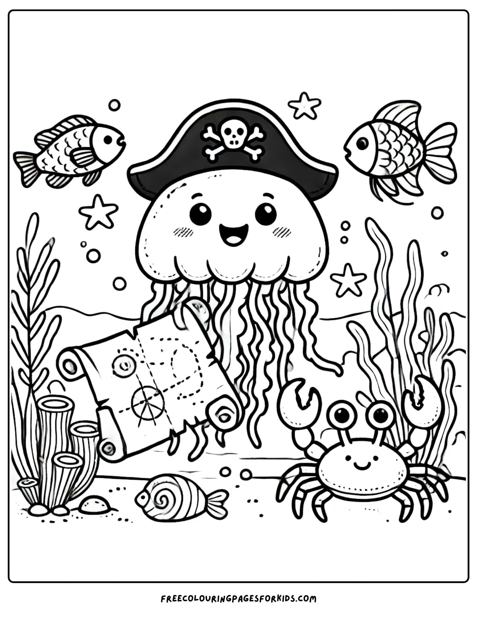 jellyfish going on a pirate treasure map quest coloring page