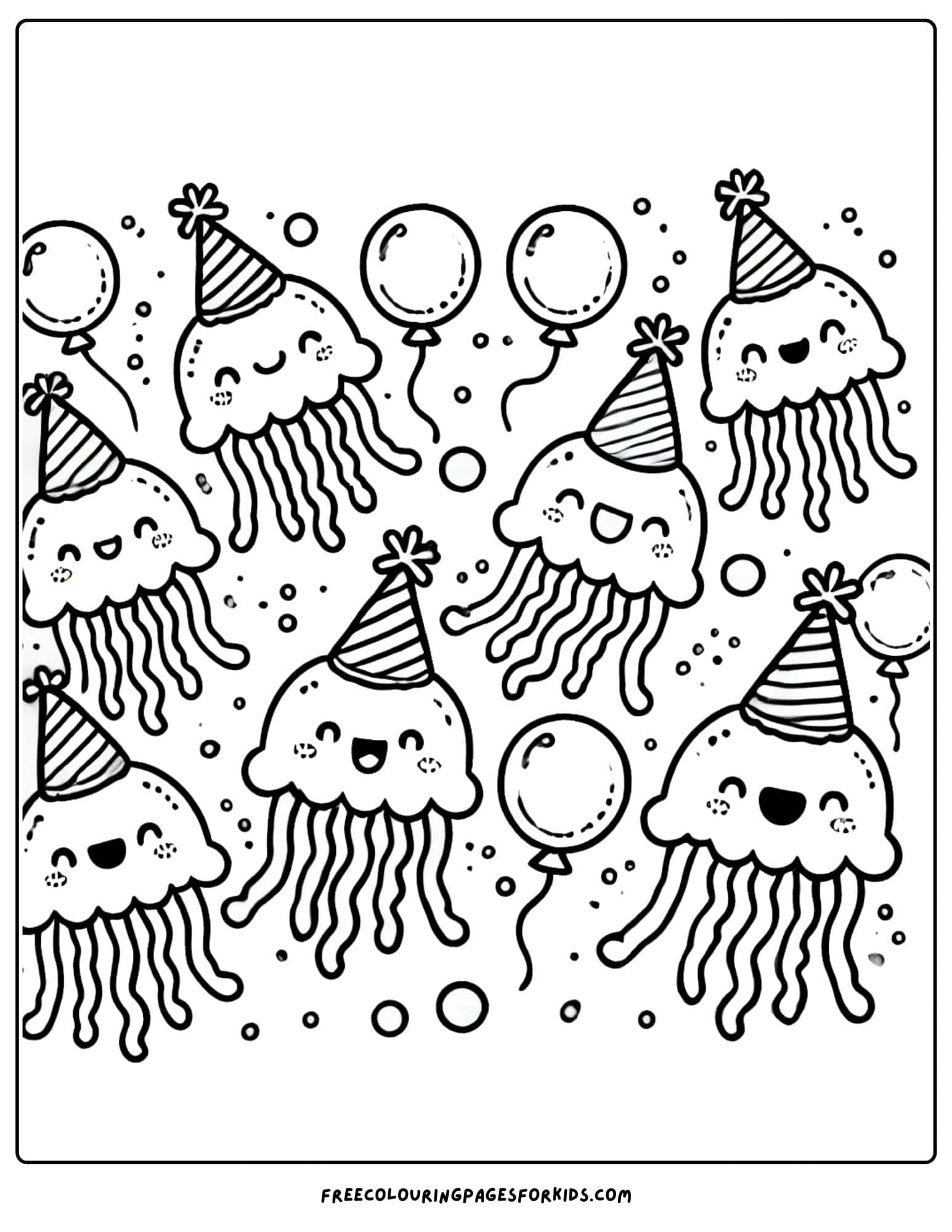 jellyfish celebrating a party with party hats coloring page