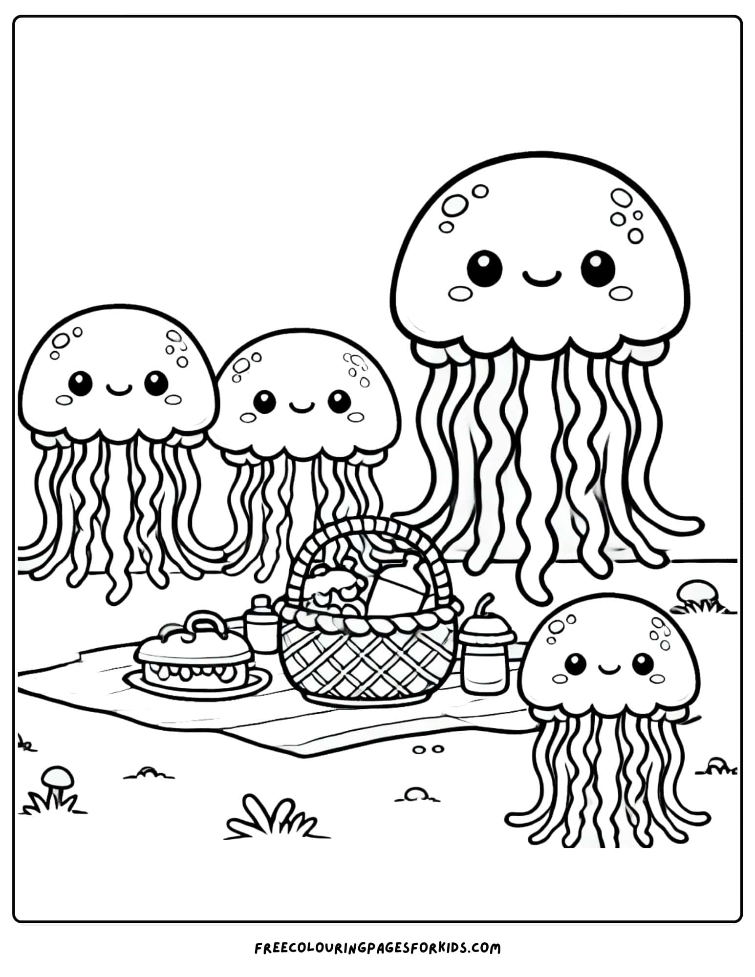 jellyfish family having a picnic coloring page