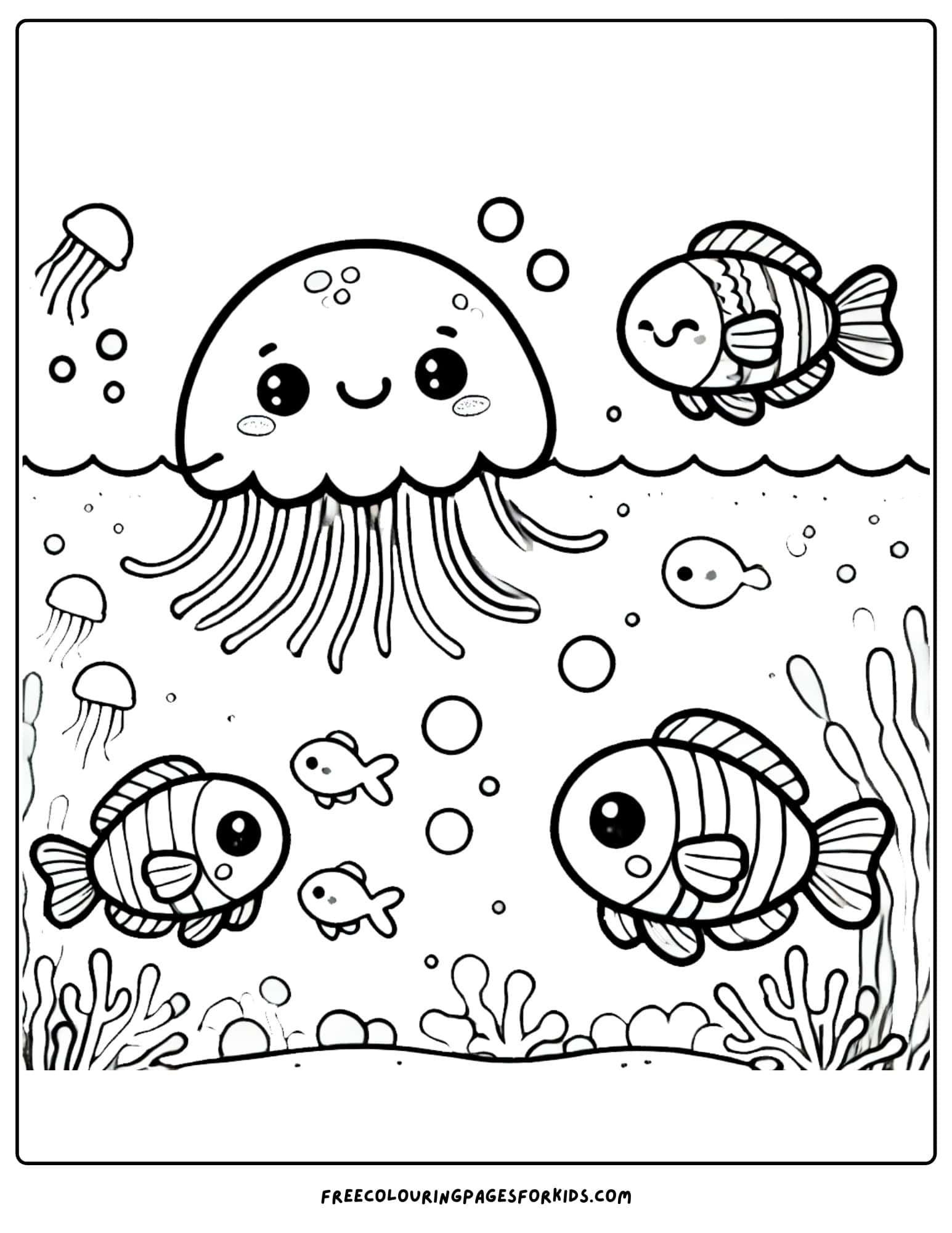 jellyfish playing with fish in the ocean coloring page