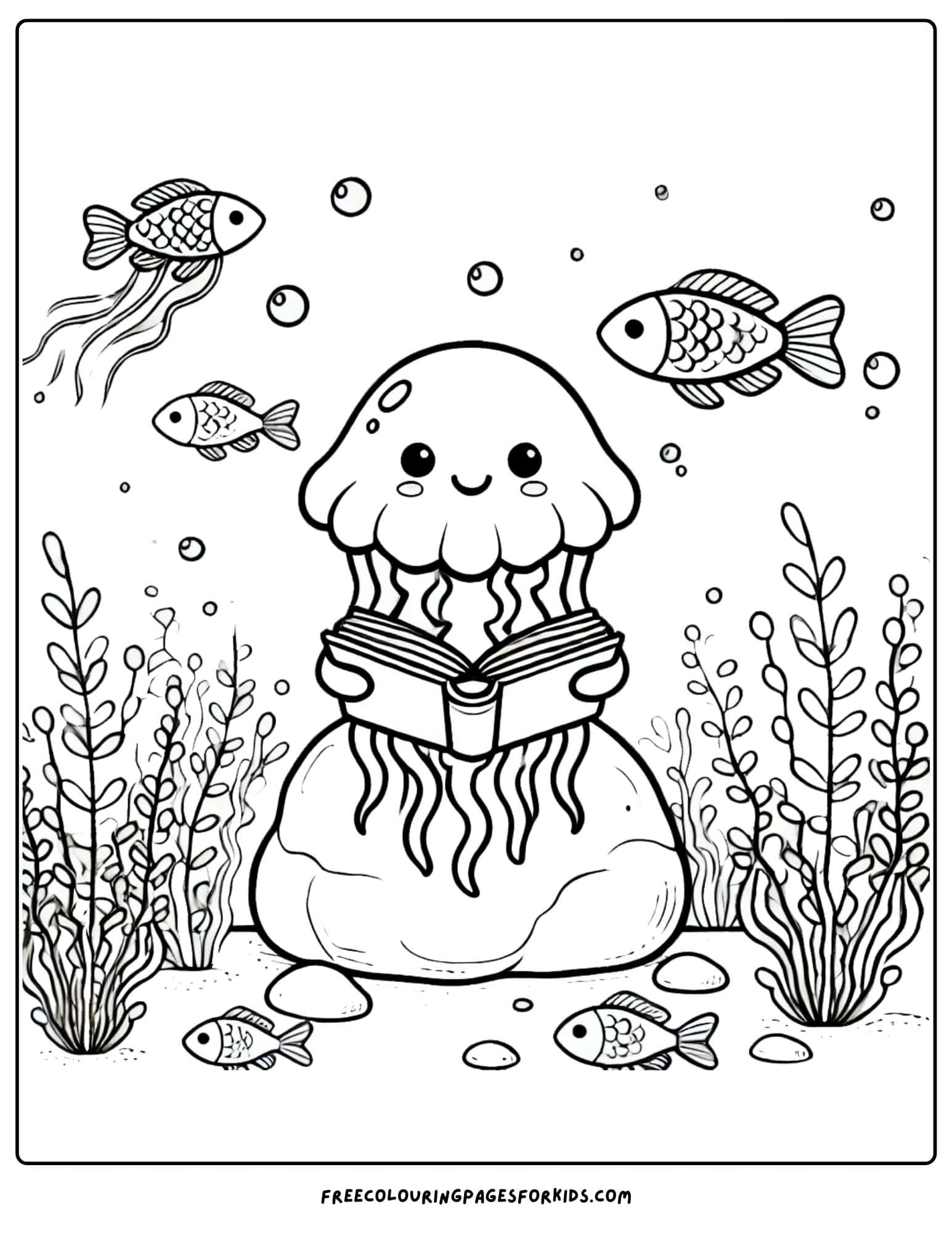 jellyfish sitting on a rock reading a book underwater coloring page