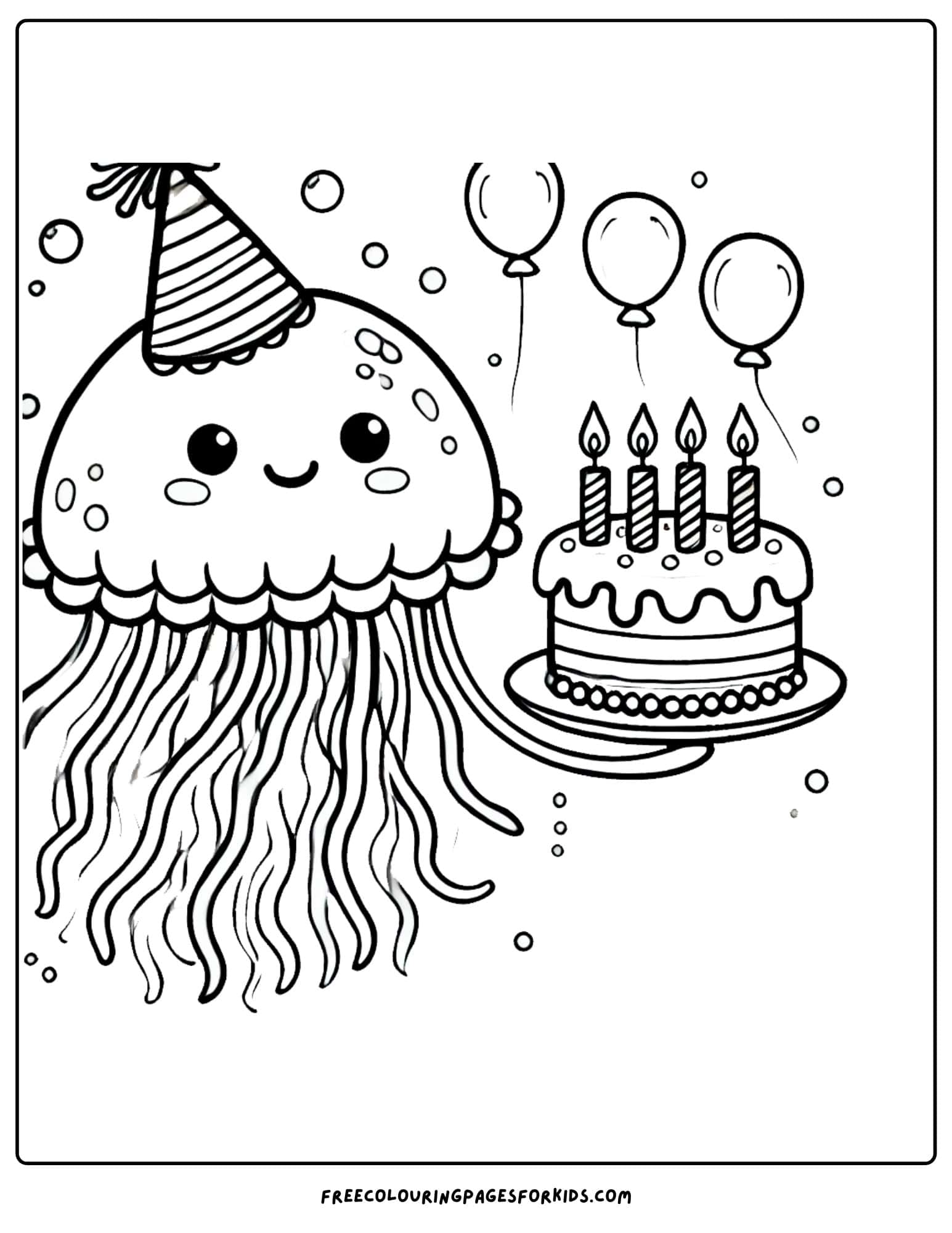 jellyfish holding a birthday cake coloring page