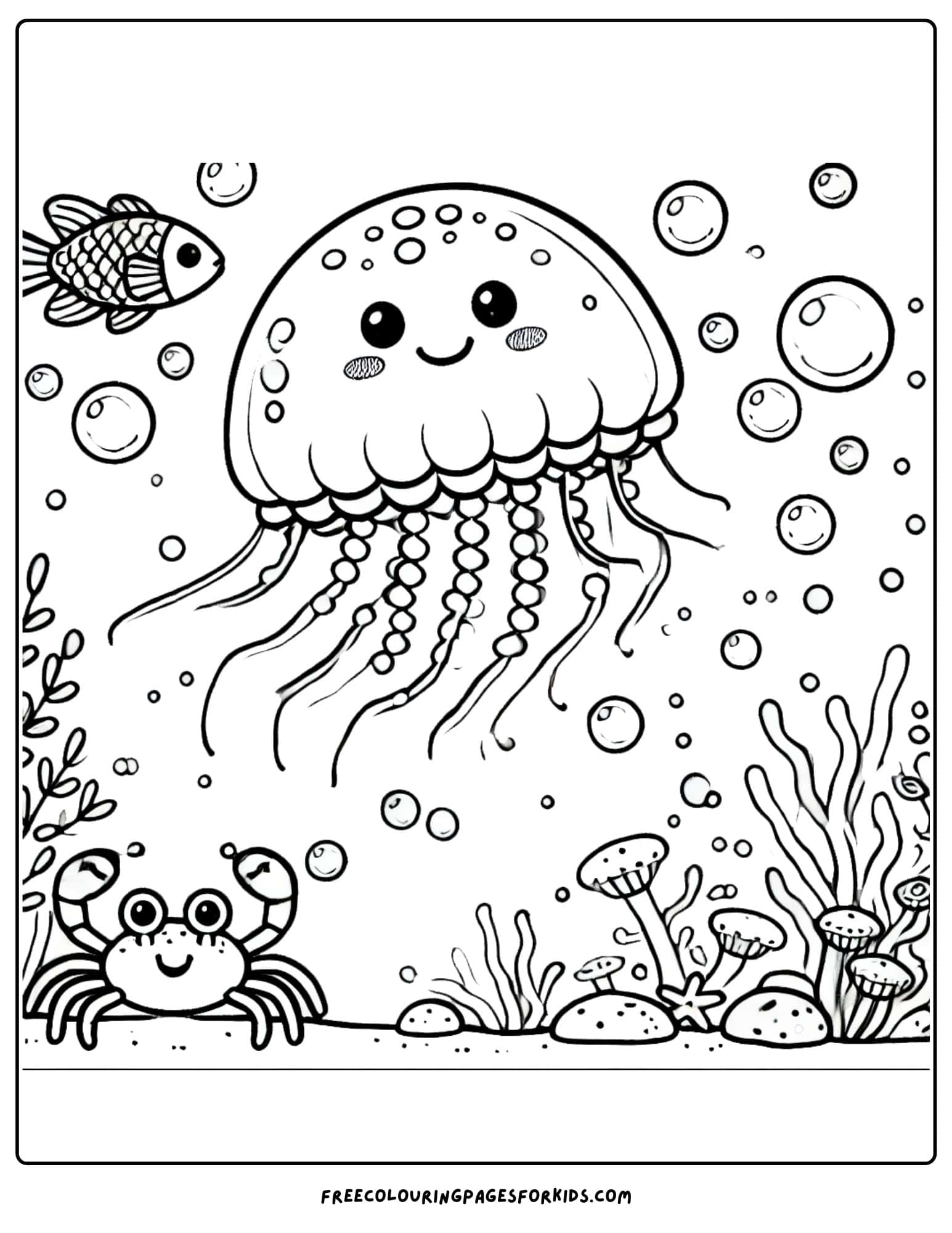 jellyfish flating around with bubbles all around coloring page