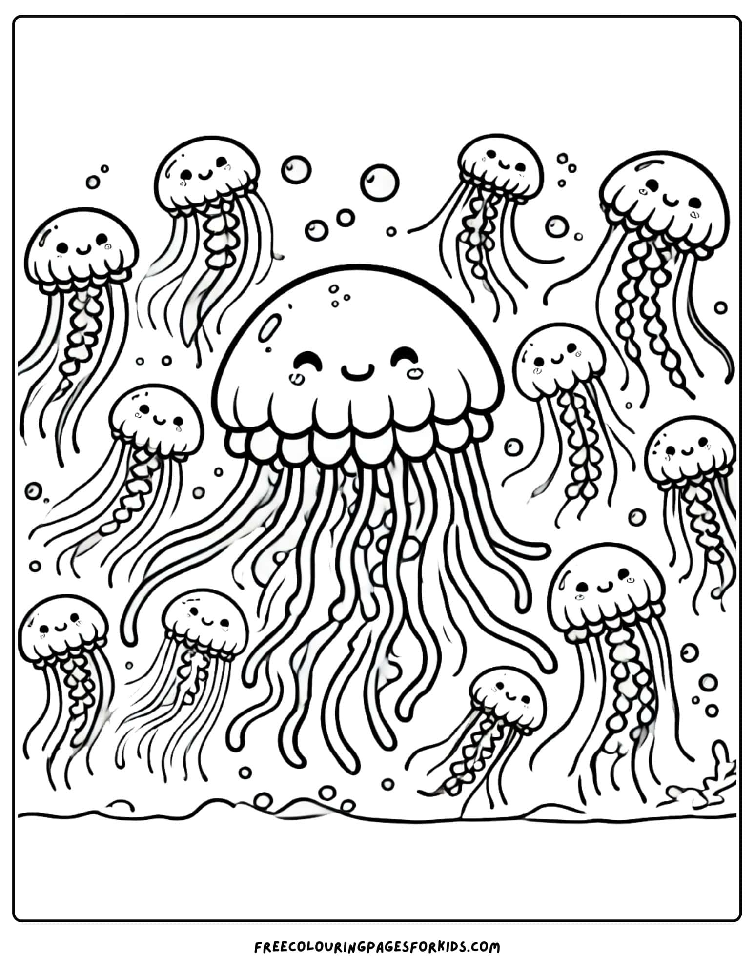 jellyfish family reunion with lots of jellyfish floating around coloring page