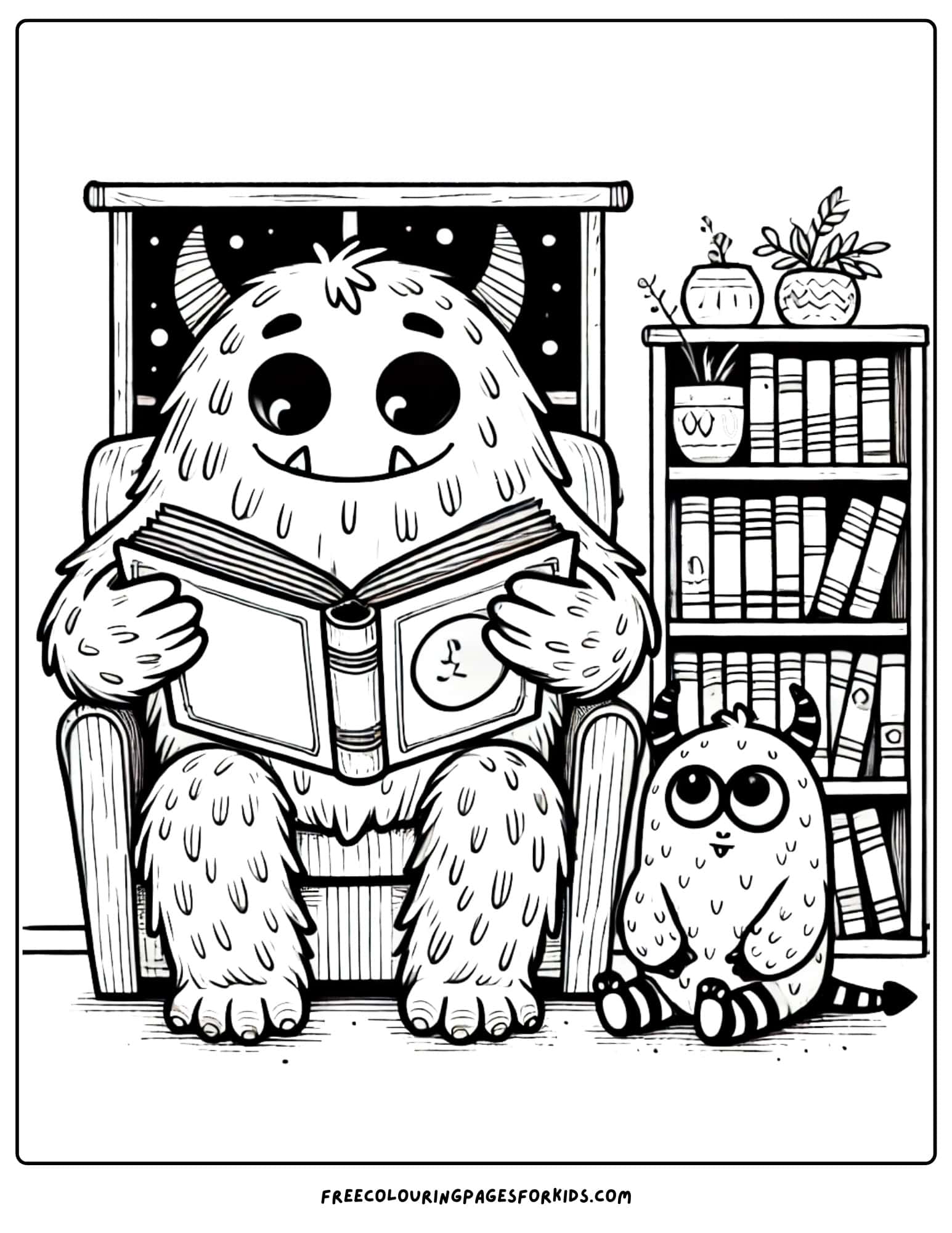 monster reading bedtime story coloring page