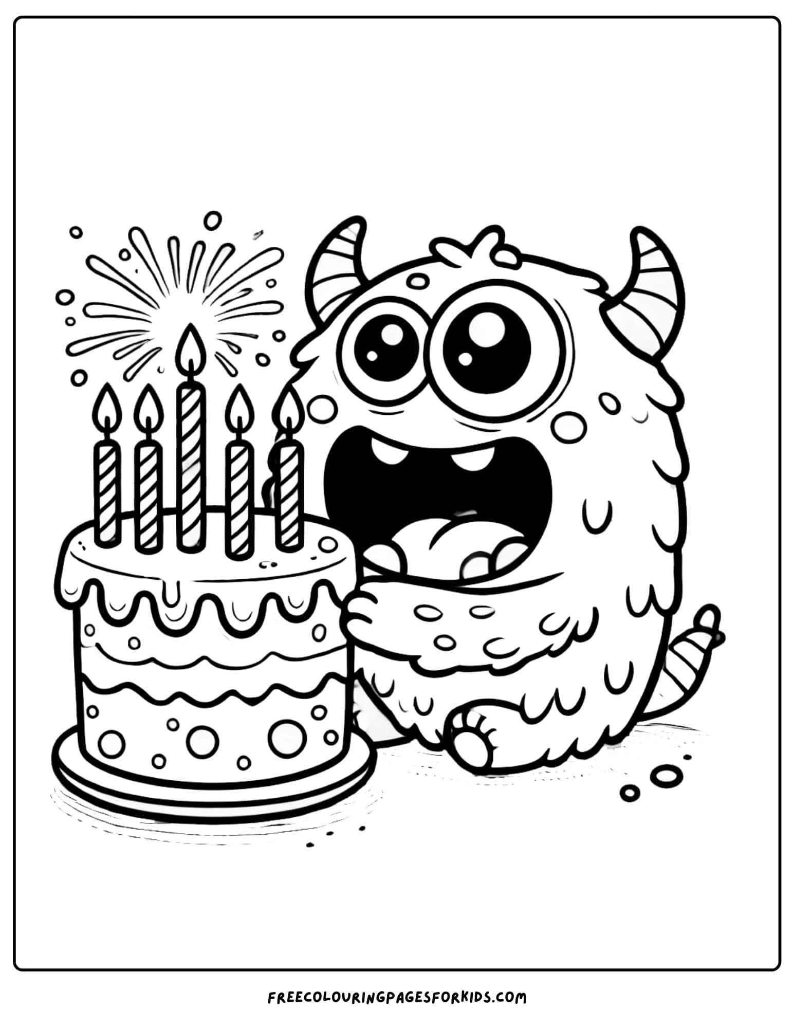 monster blowing out birthday cake candles coloring page