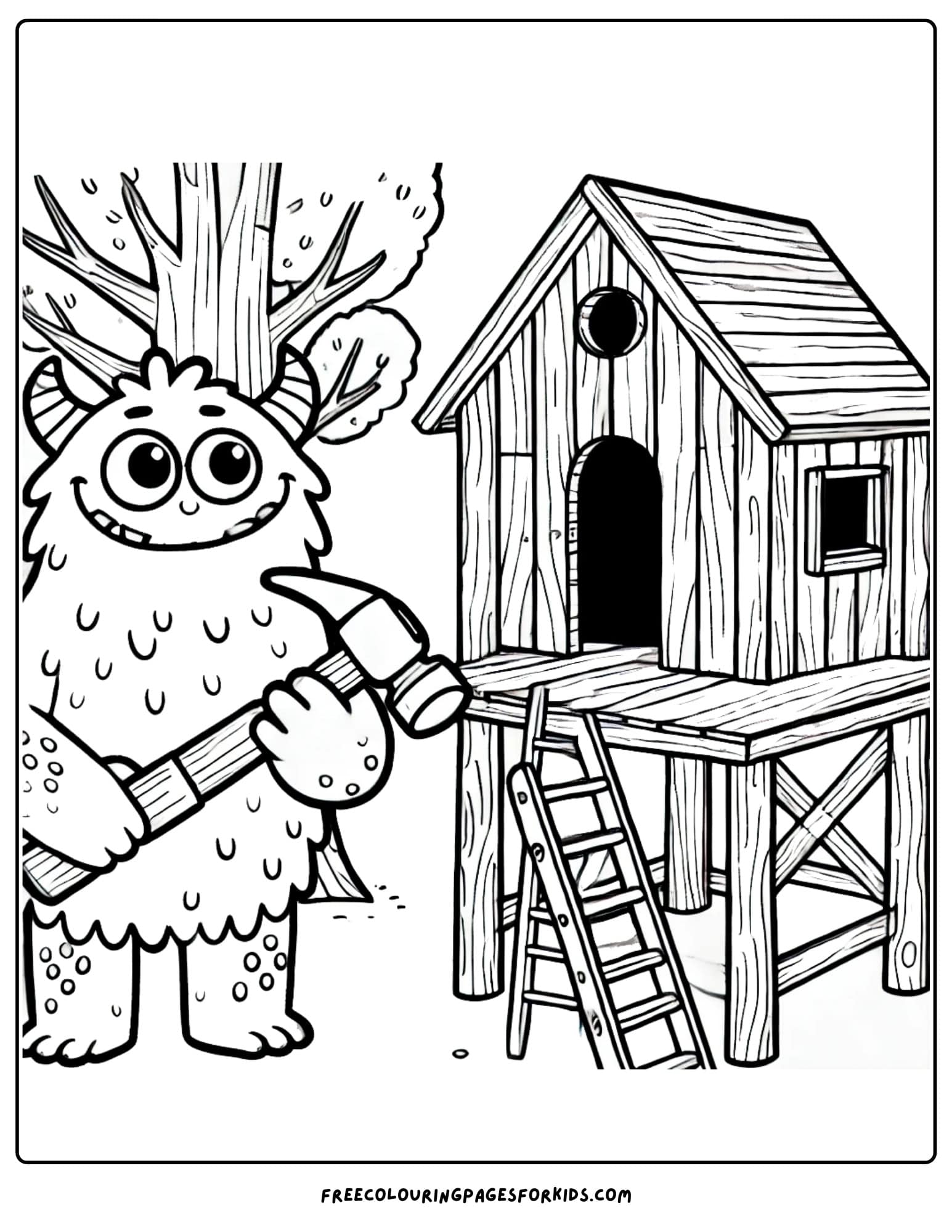 monster building a tree house coloring page