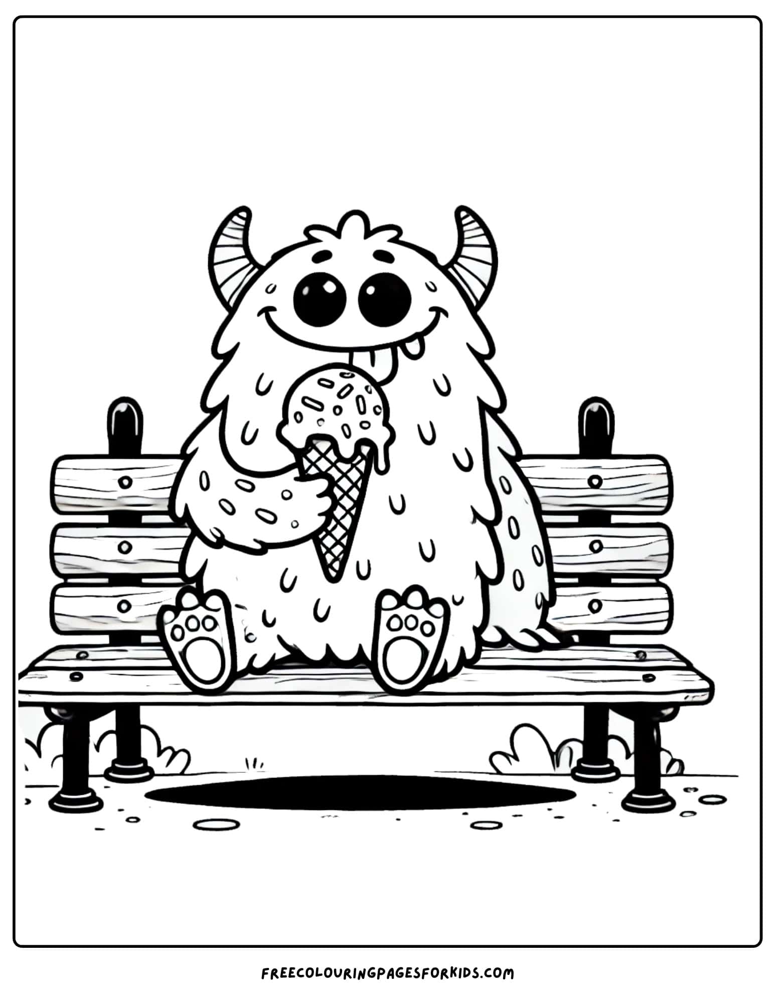 monster sitting on bench eating ice cream coloring page