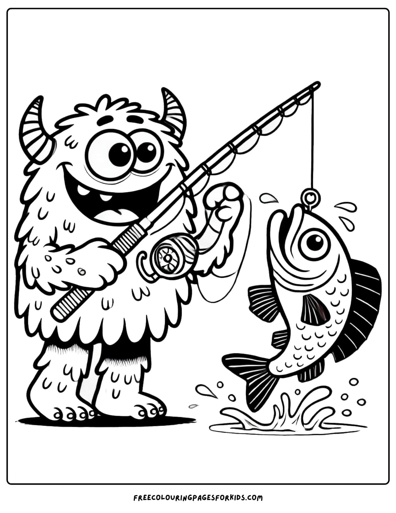 monster fishing and catching a fish coloring page