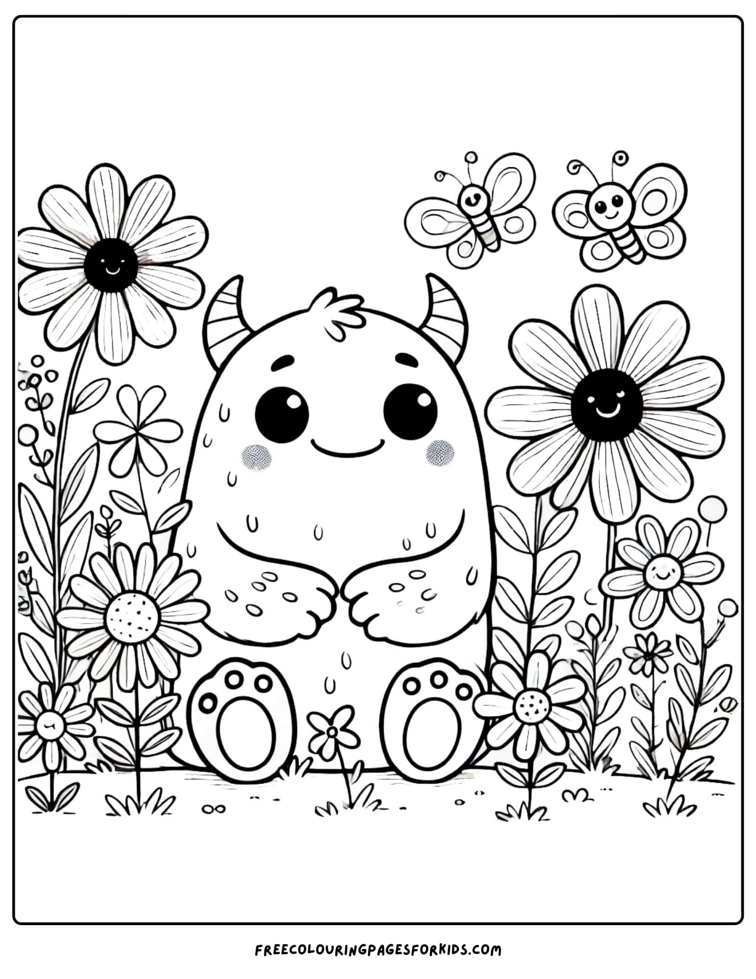 monster sitting in a flower field coloring page