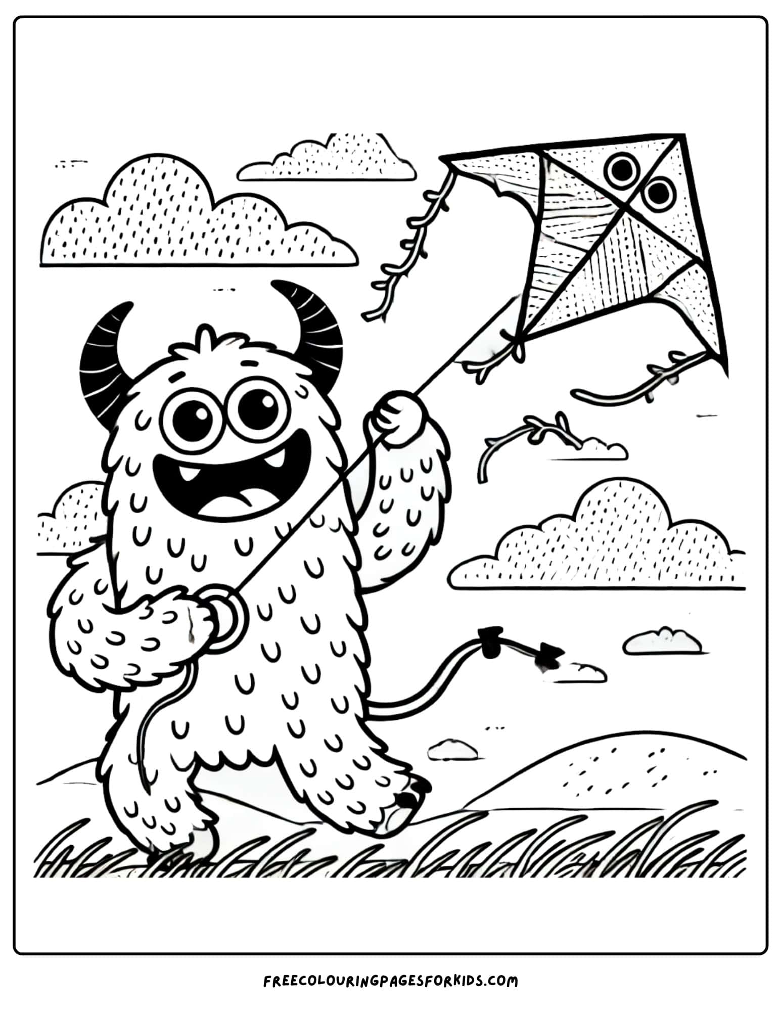 monster flying a kite coloring page