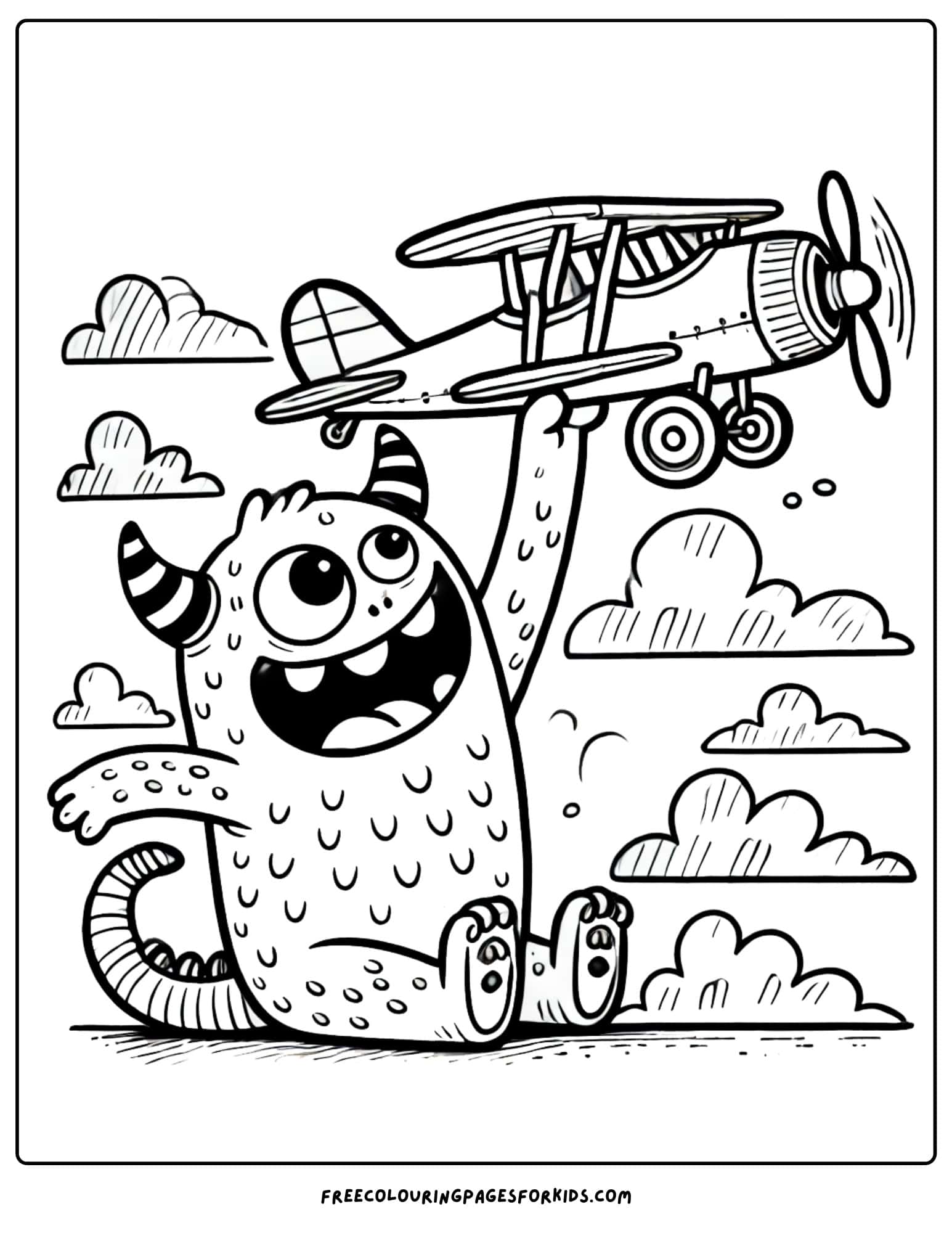 monster playing with toy airplane coloring page