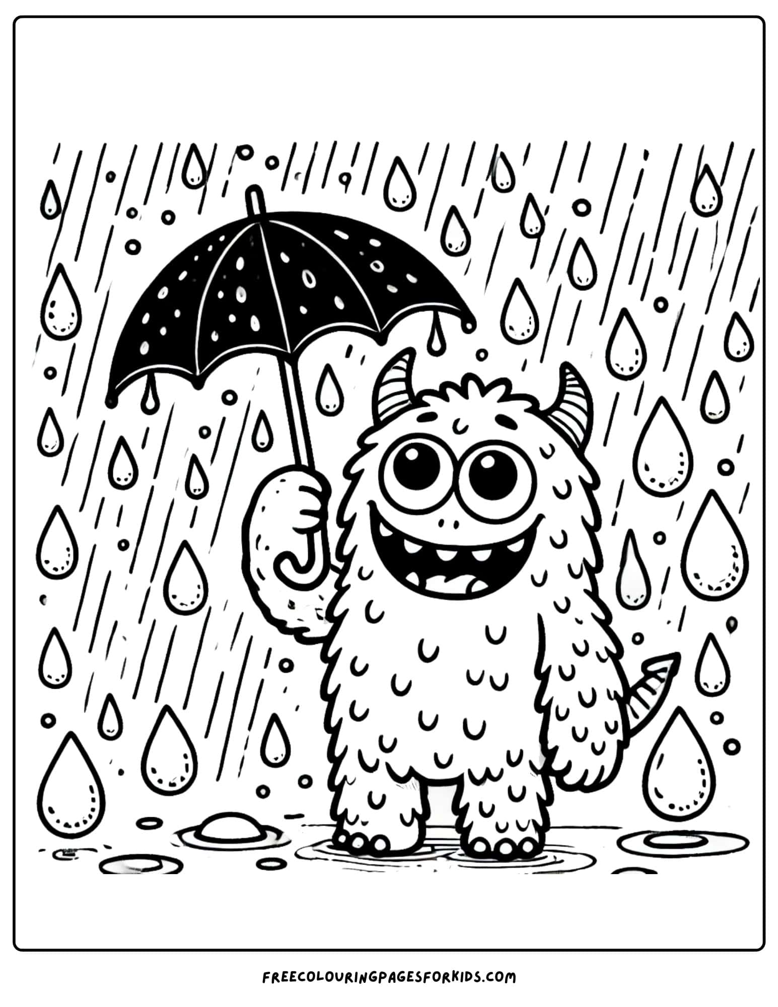 monster in the rain holding an umbrella coloring page