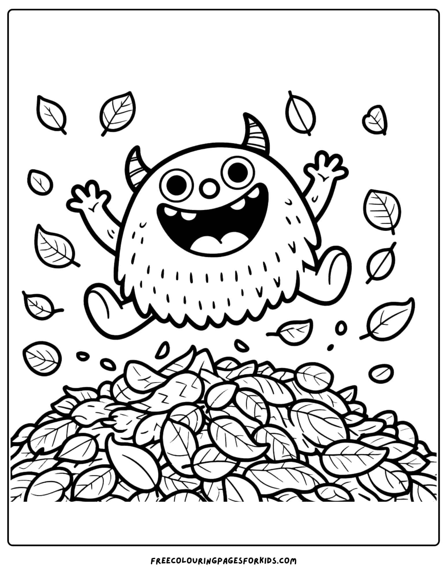 monster jumping on a pile of leaves coloring page