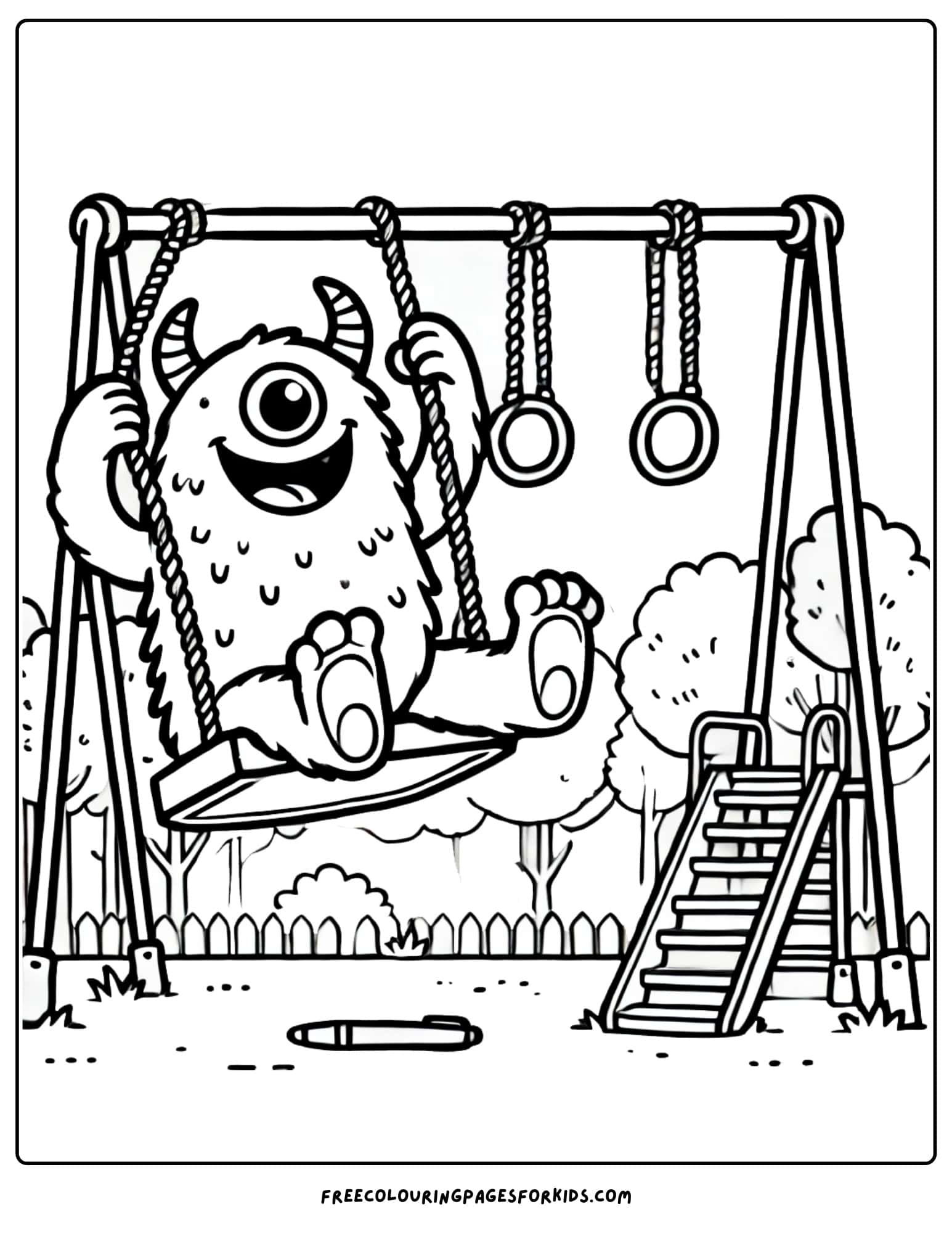 monster on a swing coloring page