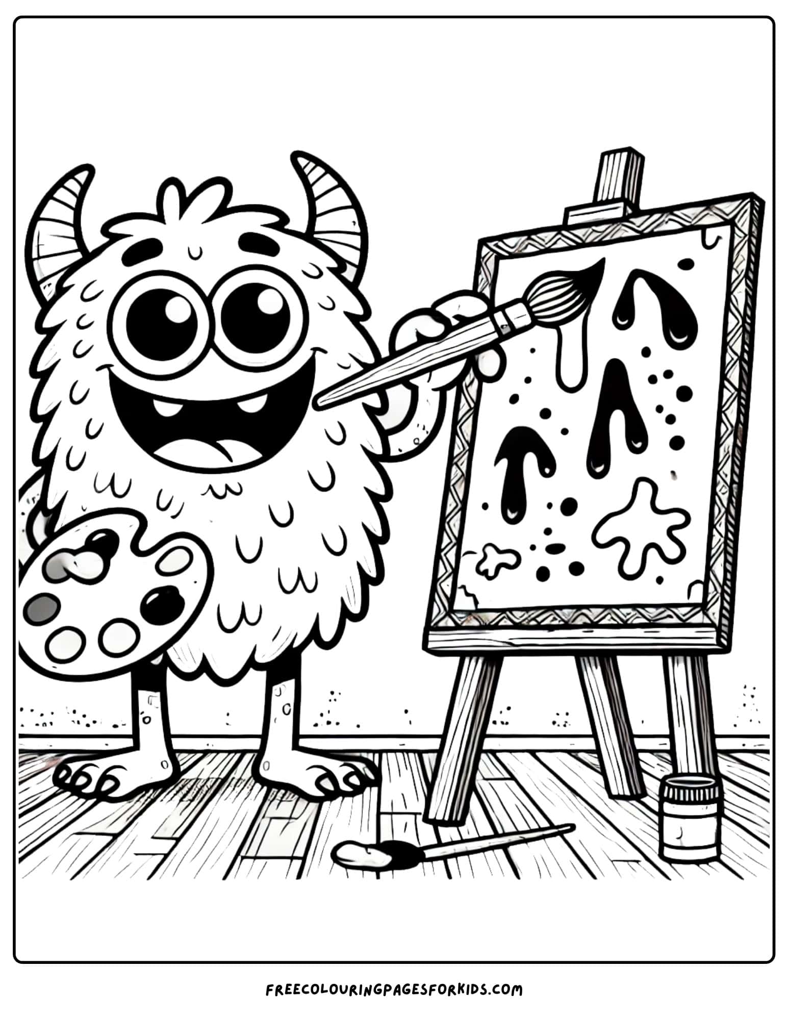 monster painting on a canvas coloring page