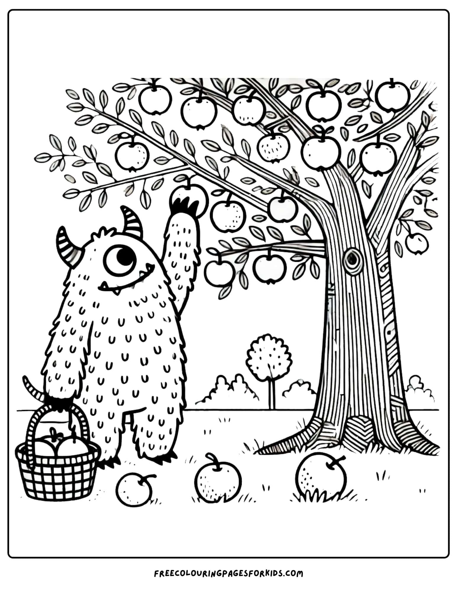 monster picking apples from a tree coloring page