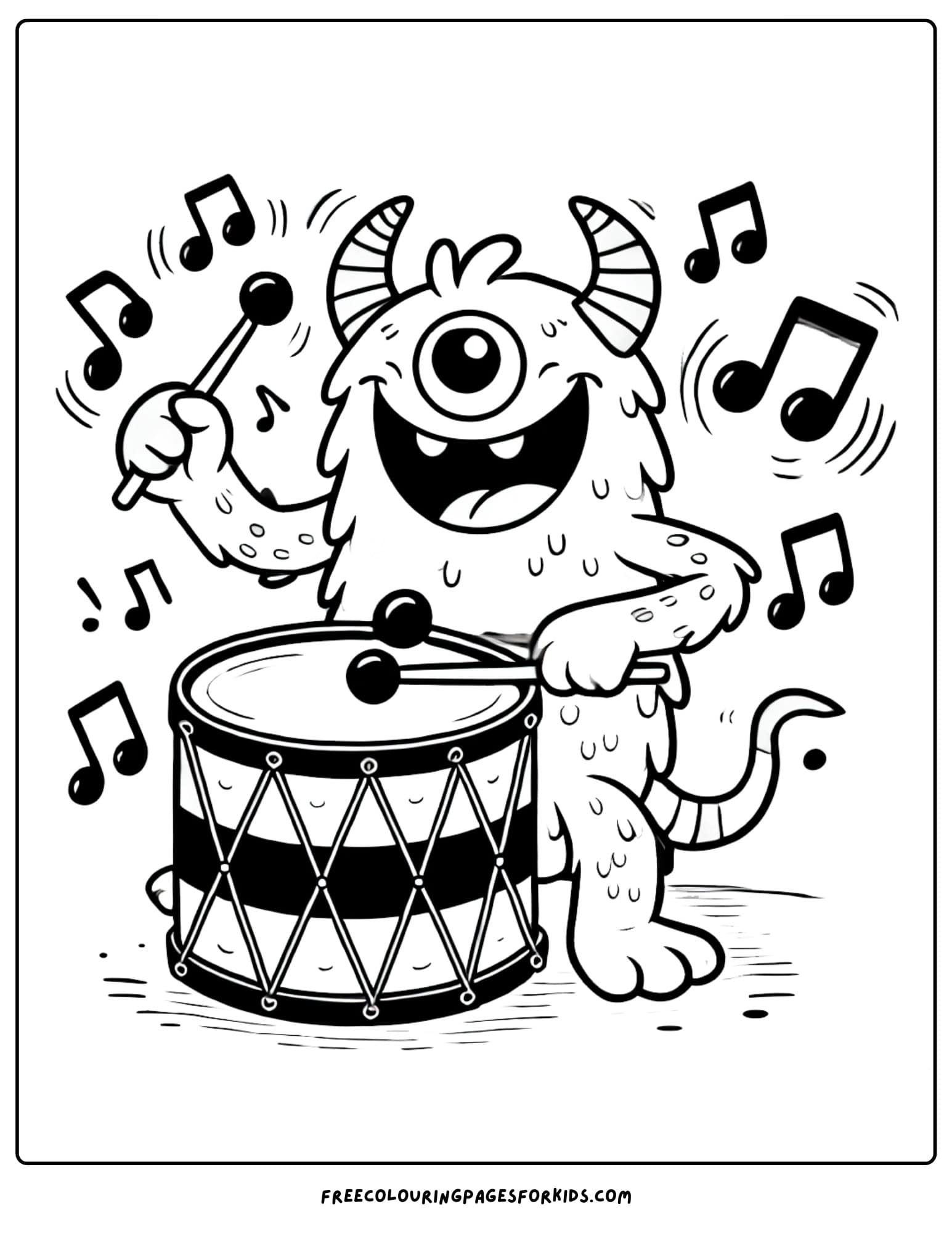 monster playing music on the drums coloring page