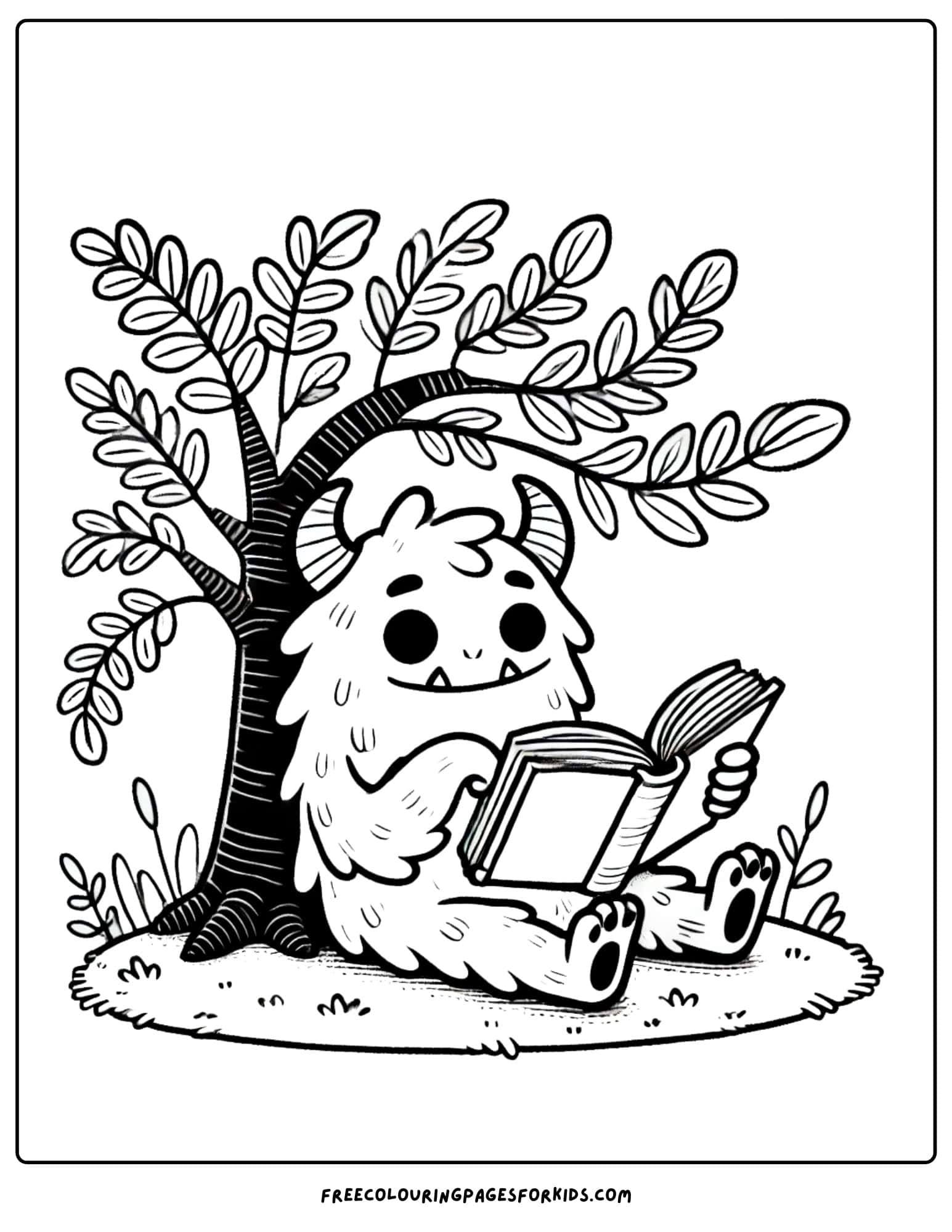 monster reading under a tree coloring page