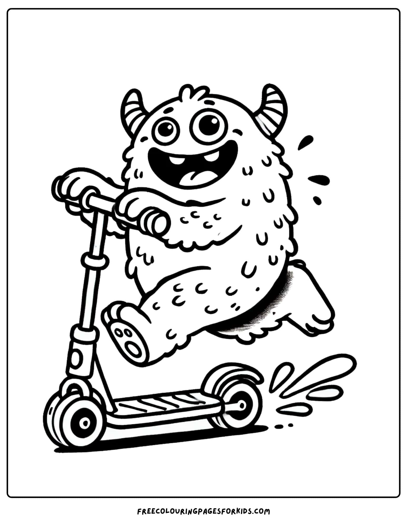 monster riding a push scooter coloring page