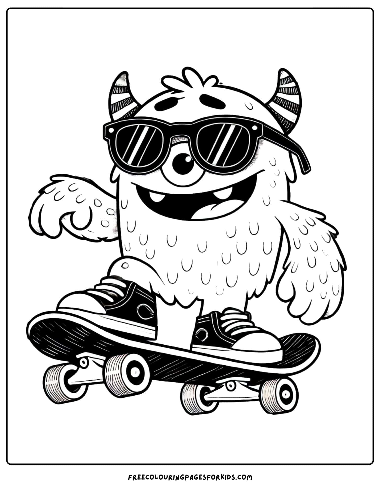 monster wearing sungalsses and riding a skateboard coloring page