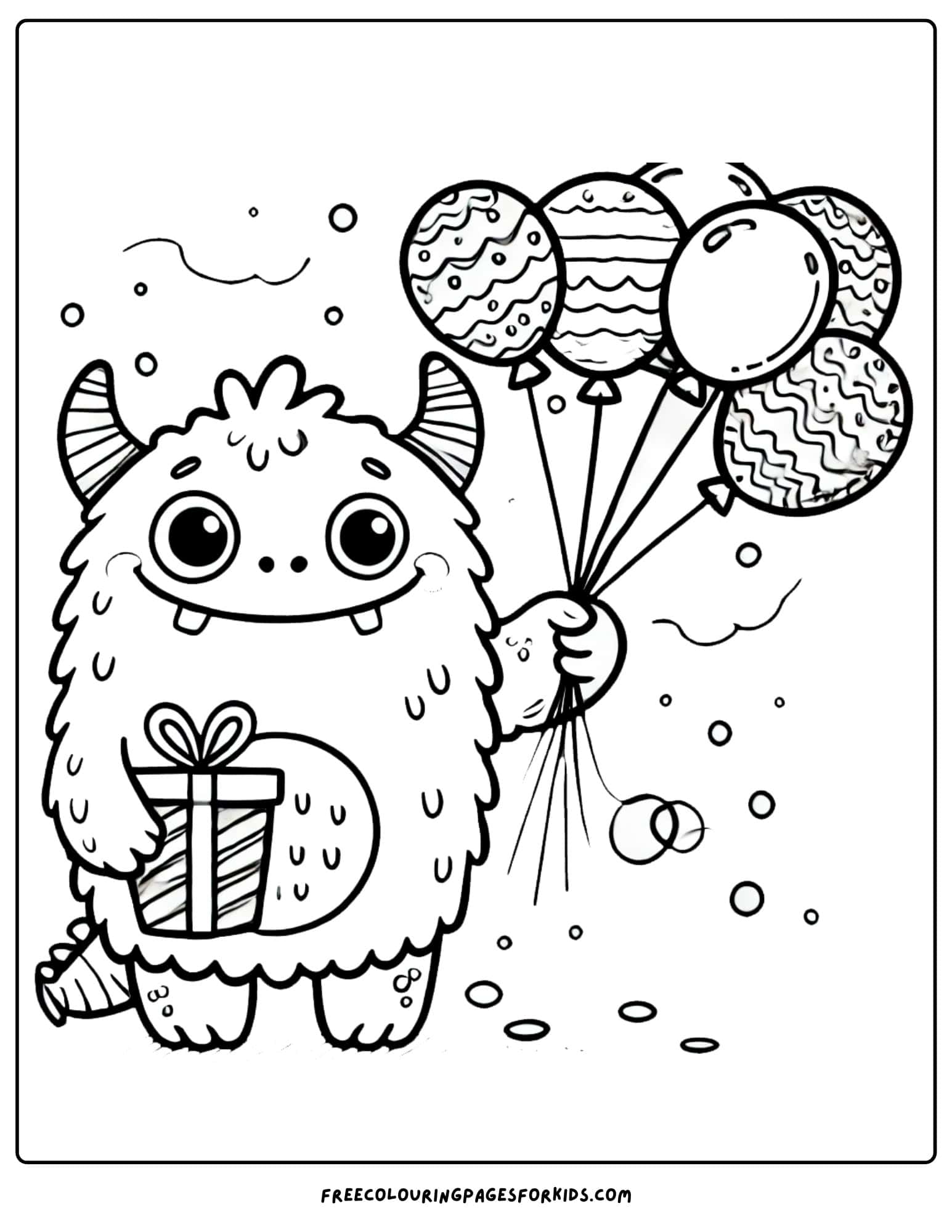 monster holding balloons for a party coloring page