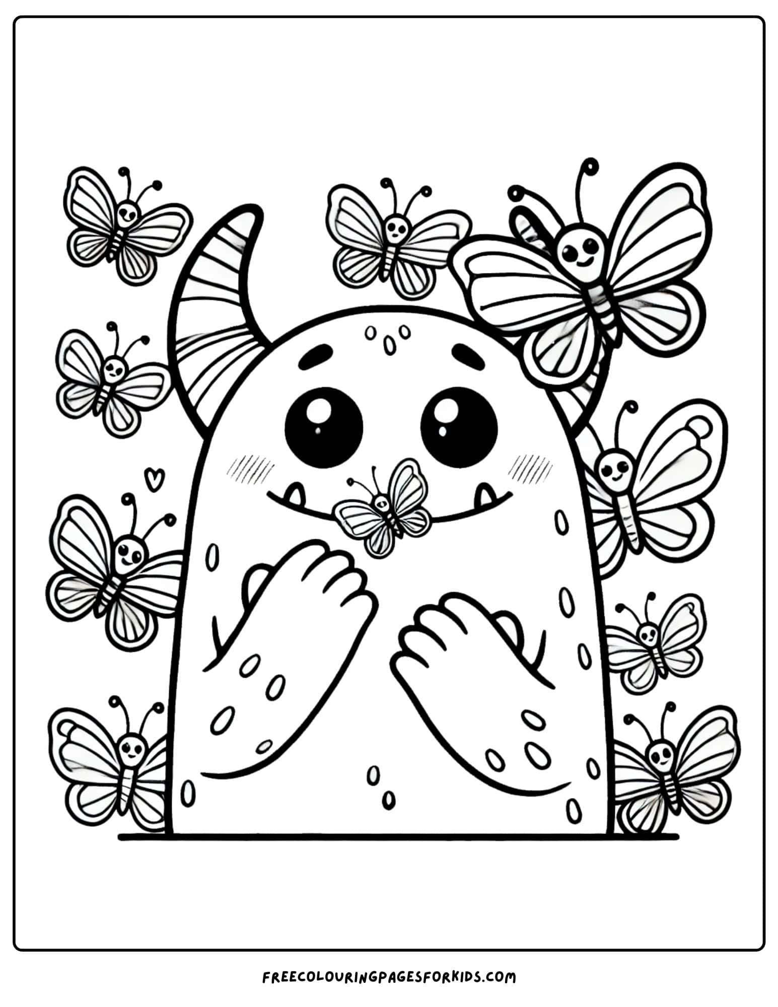 monster surrounded by butterflies coloring page