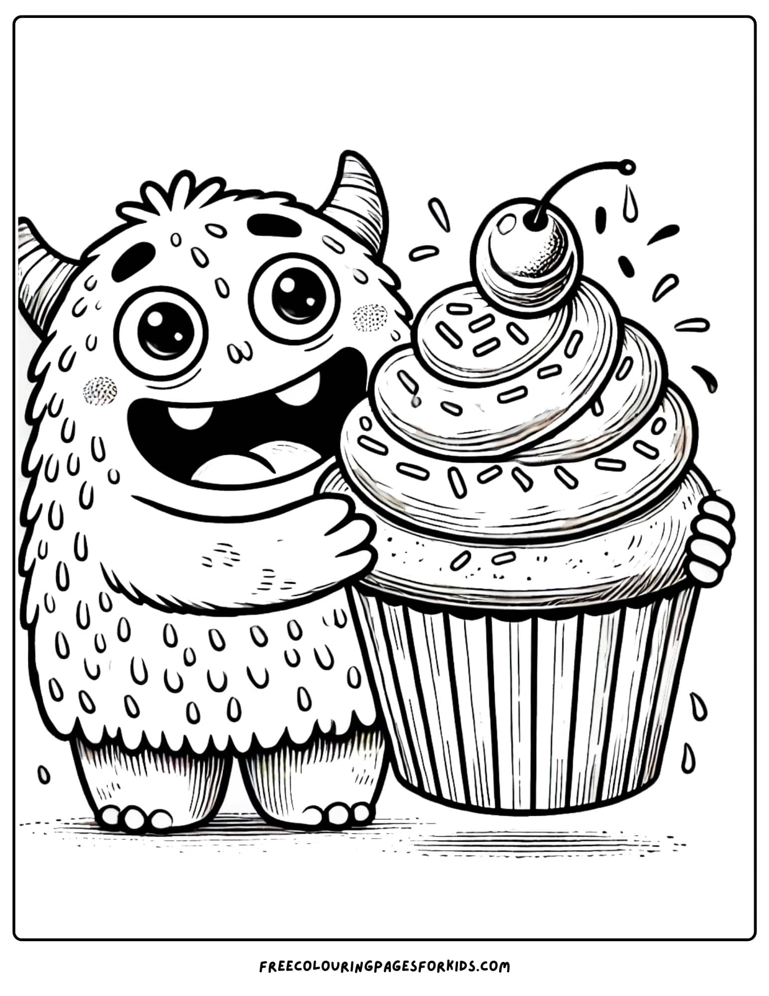 monster holding a giant cupcake coloring page