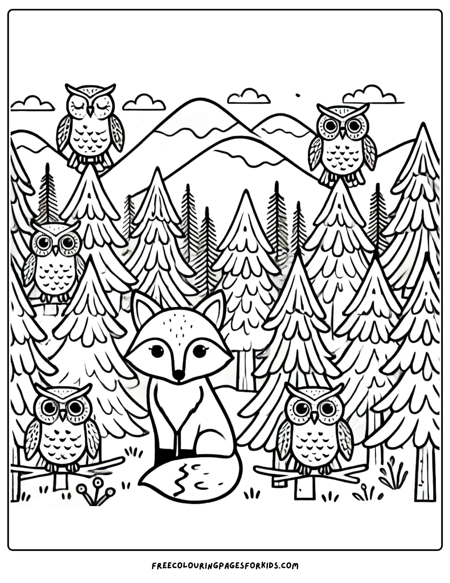 mountain with owls and a fox coloring page