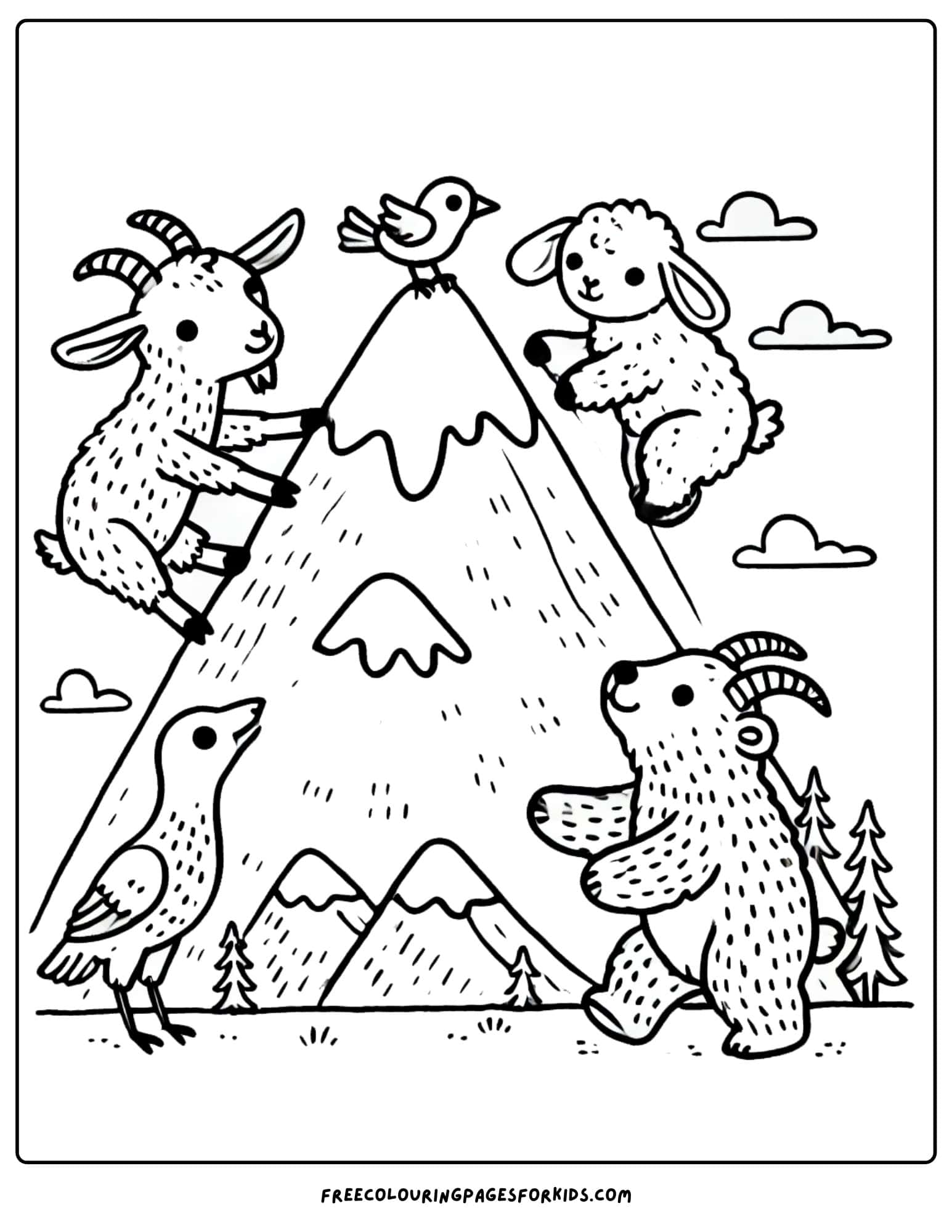 mountain being climbed by animals coloring page