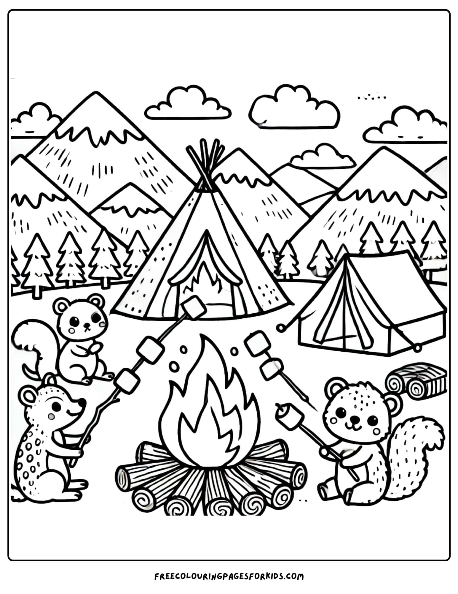 mountain with a campsite at its base coloring page