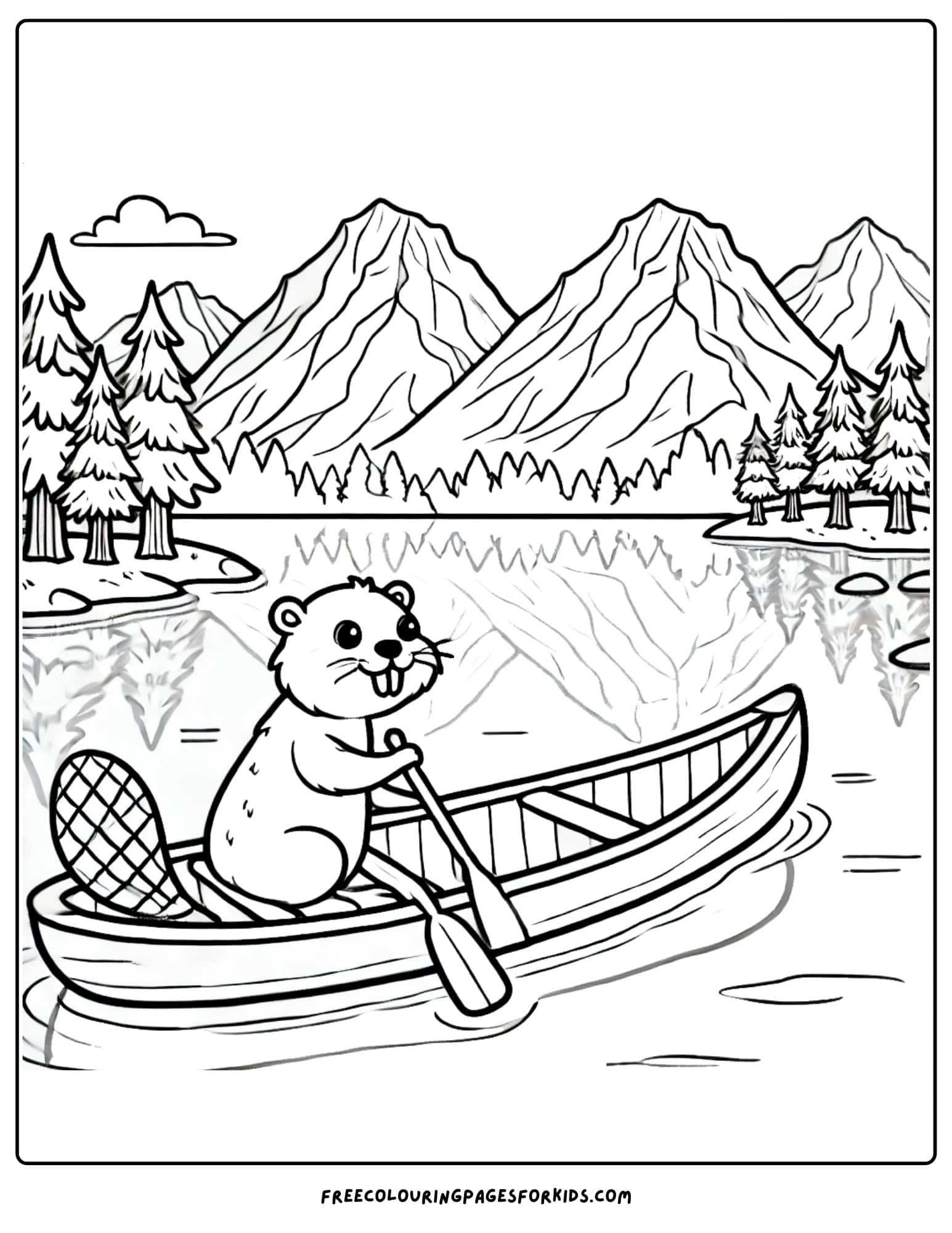 mountain with a canoe and lake in front coloring page