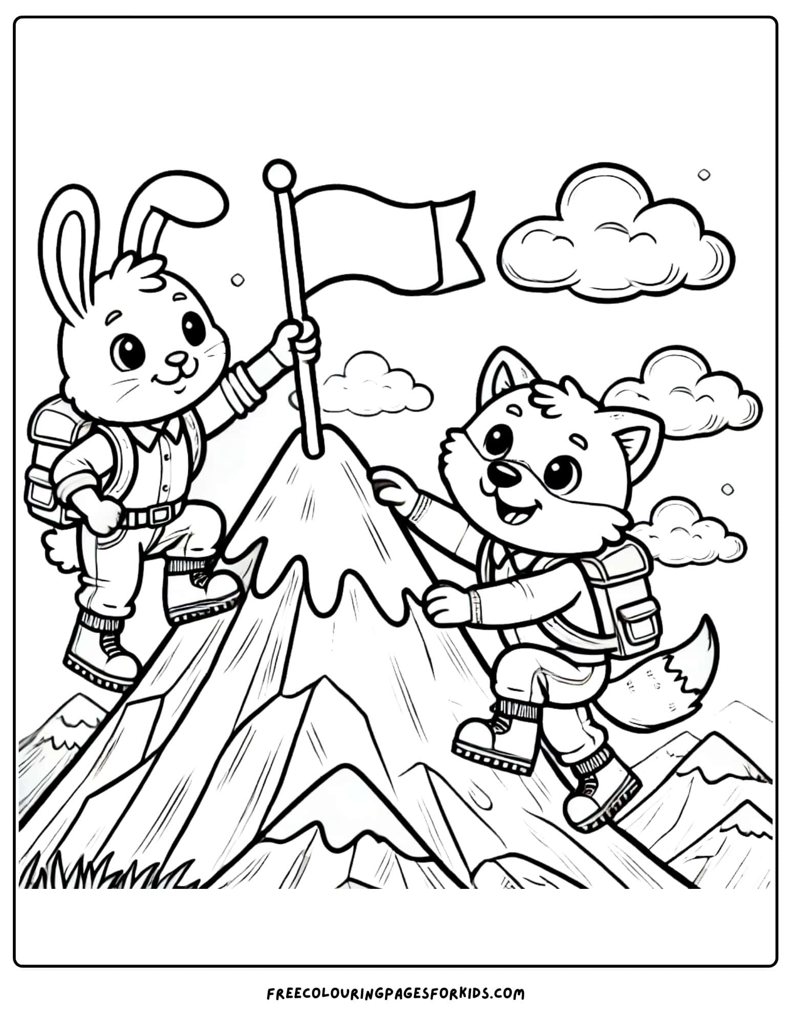 mountain climbers planting flag on top coloring page