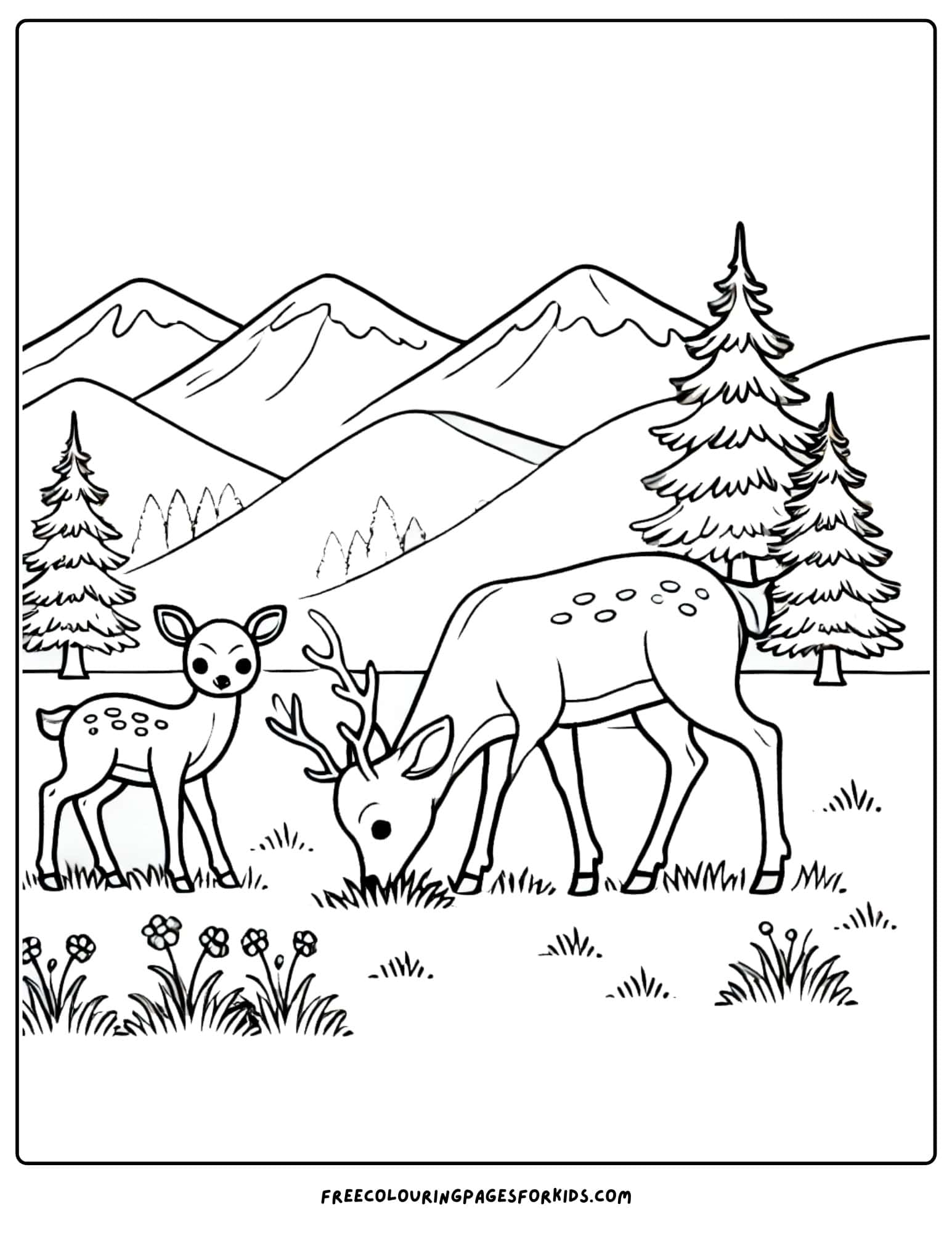 mountains with a deer family coloring page