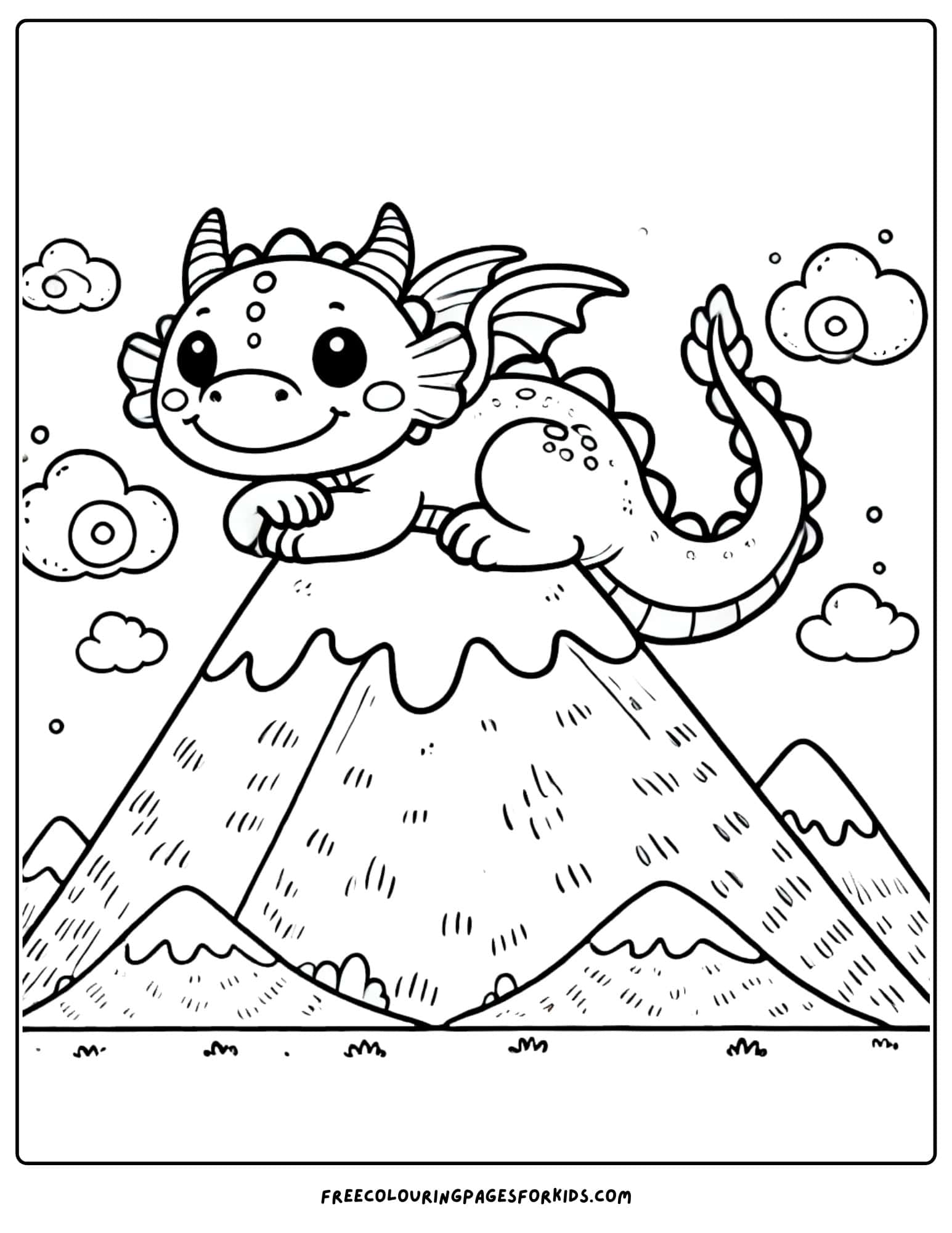 mountain with a friendly dragon on top coloring page