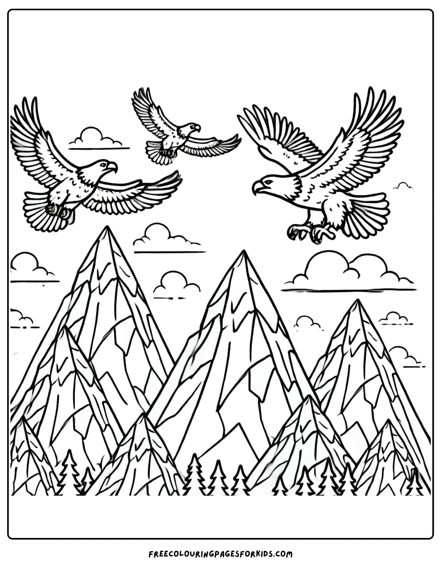 mountain with eagles flying overhead coloring page