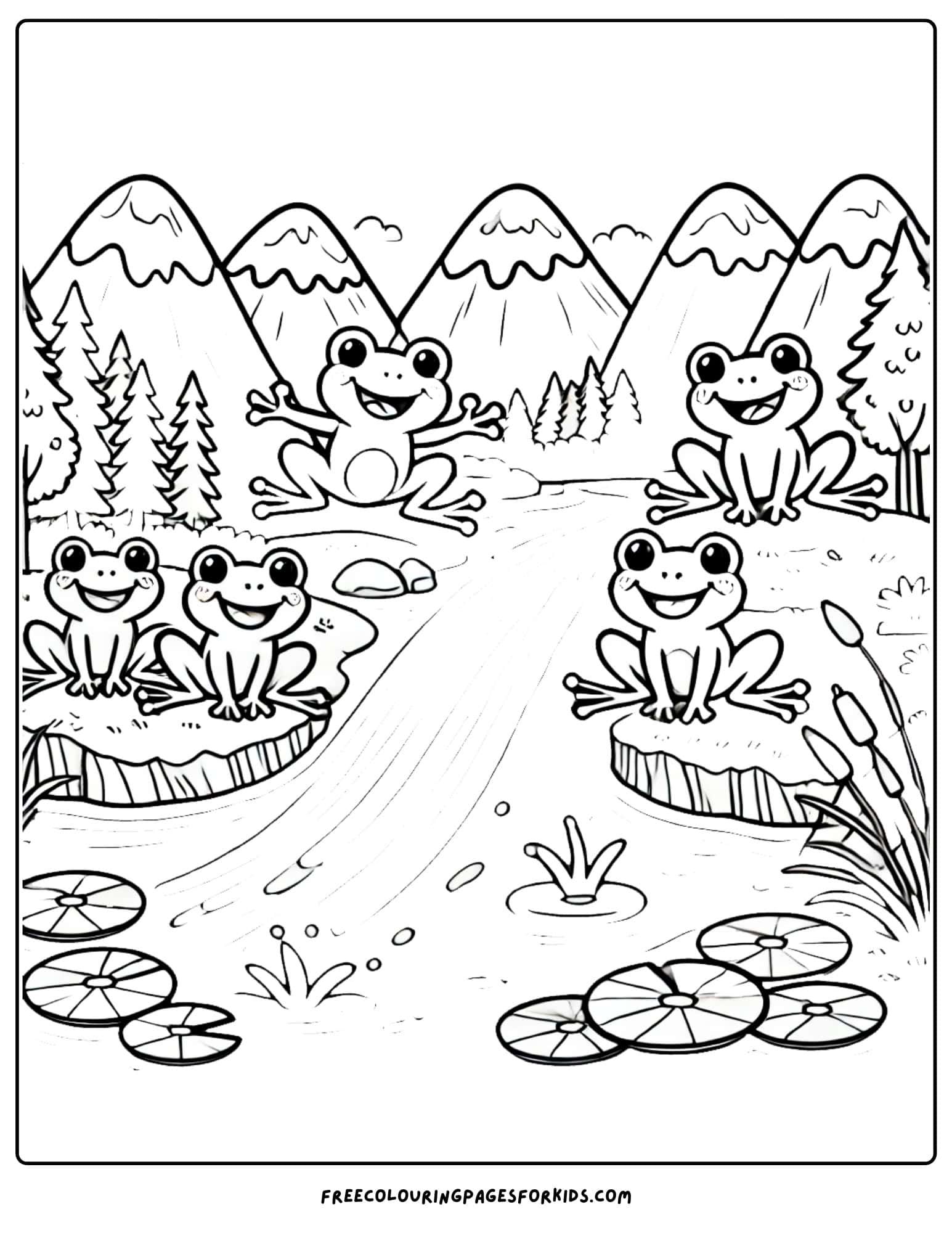 mountain with frogs sitting in a stream coloring page