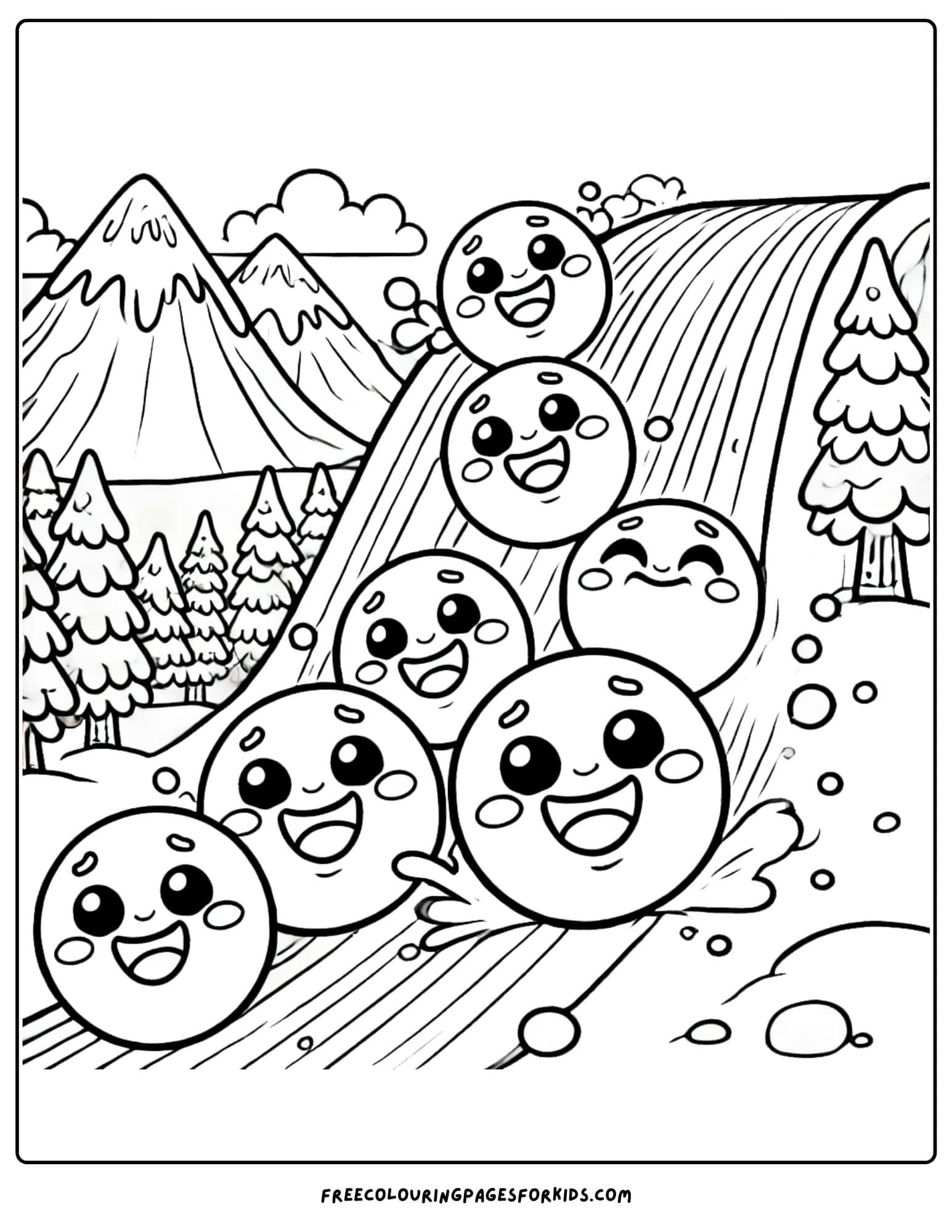 mountain with giggling snowballs rolling down it coloring page