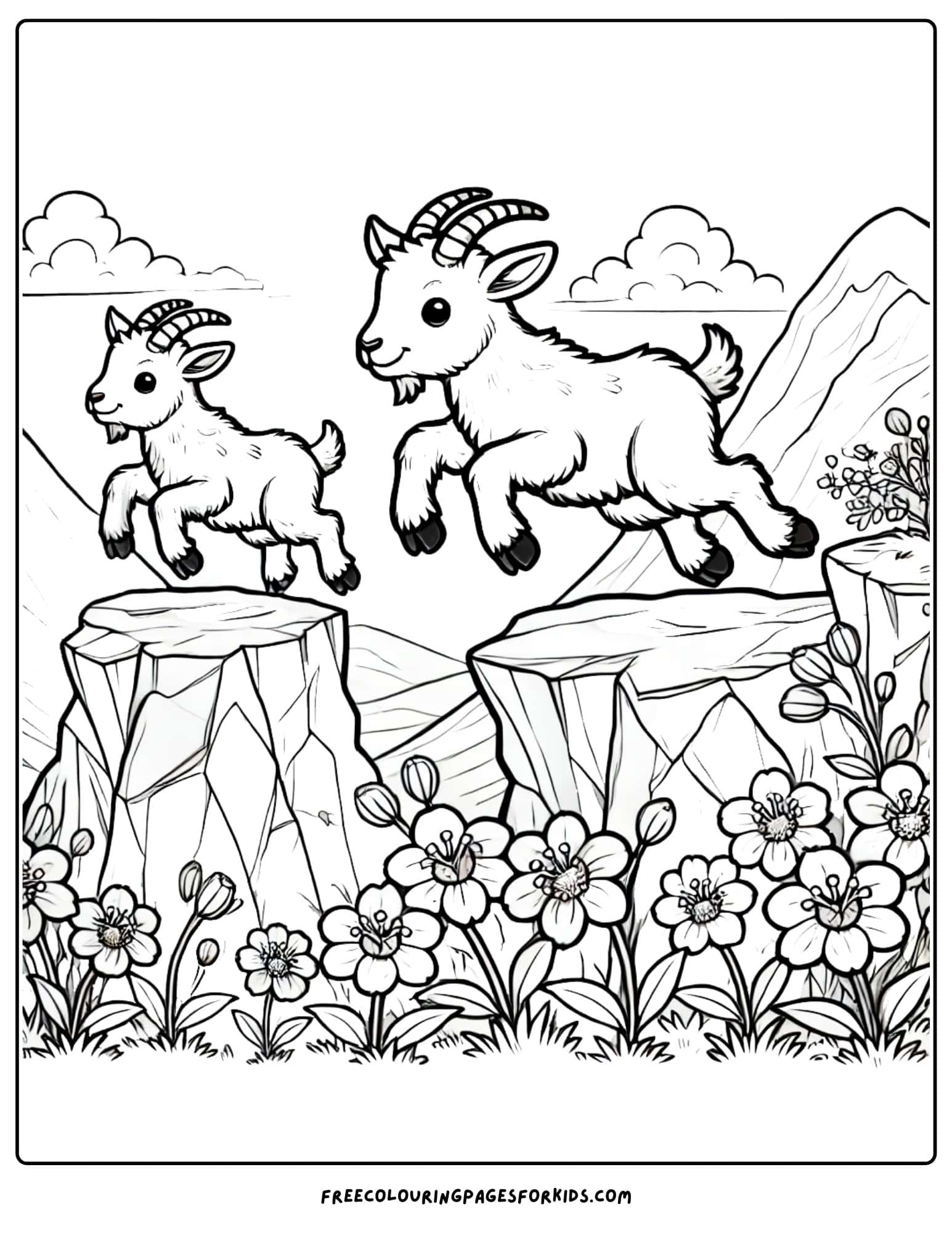 mountain goats jumping across cliffs coloring page