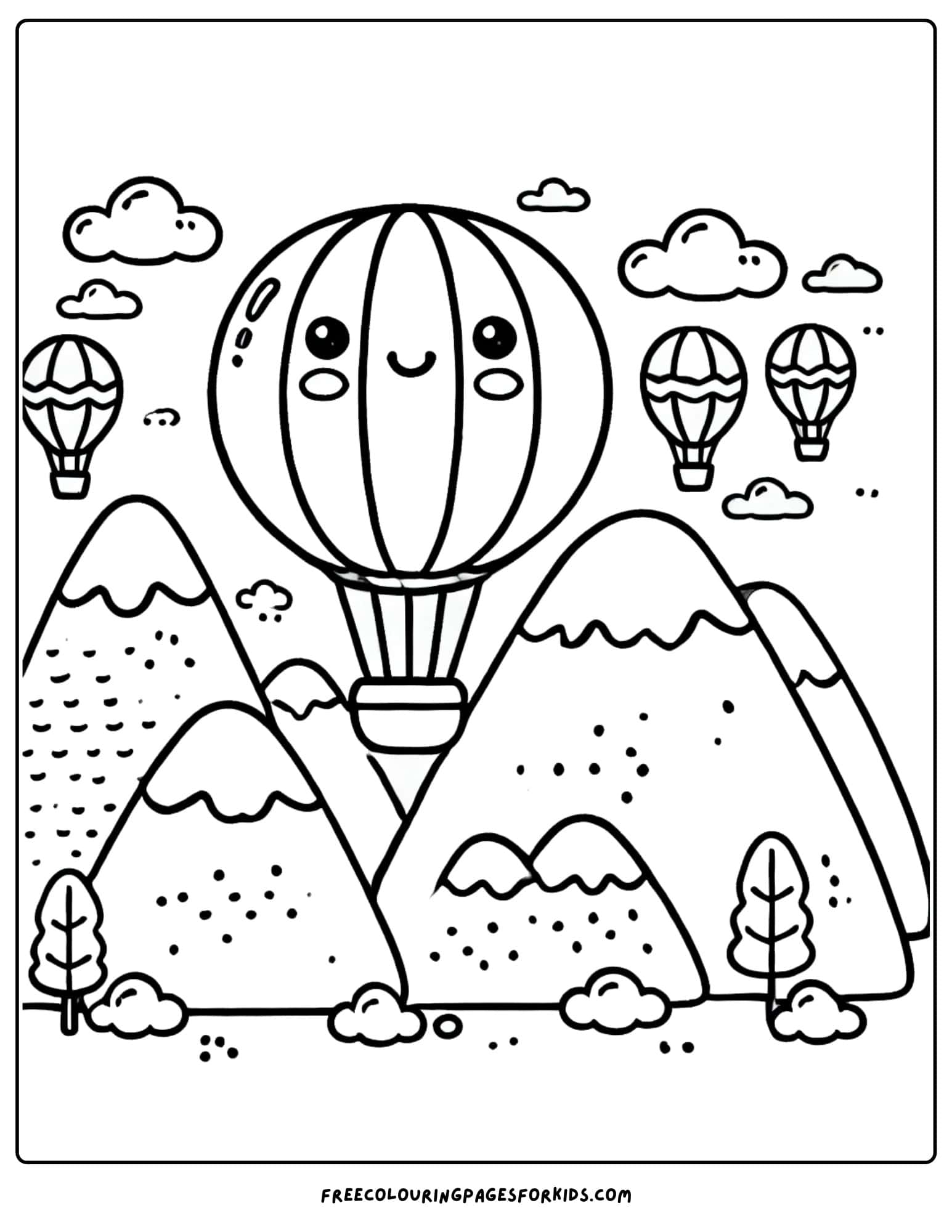 mountain with hot air balloons flying overhead coloring page