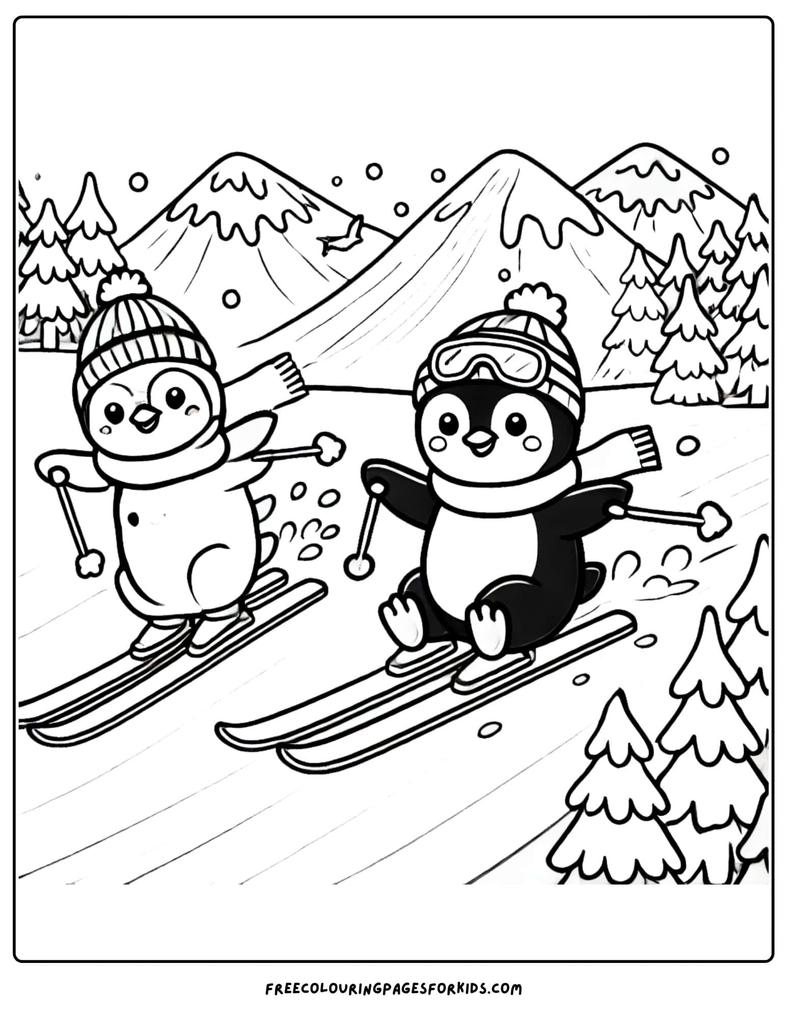 mountain with penguins skiing down it coloring page