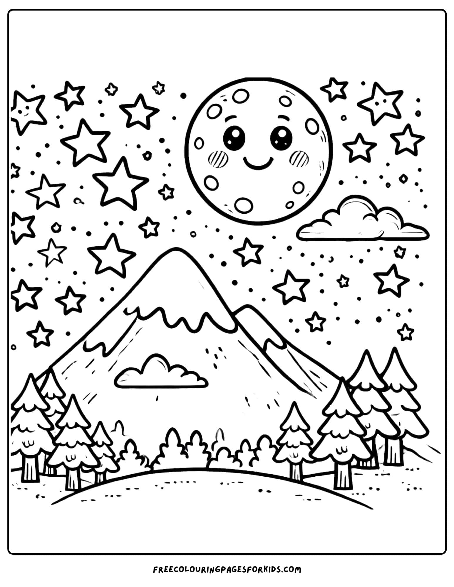 mountain with stars and moon above coloring page