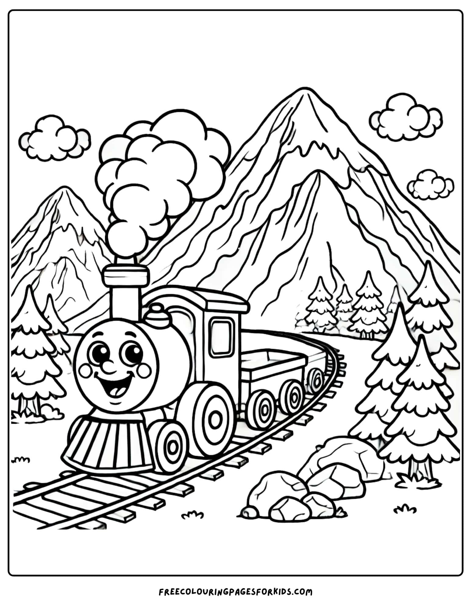 mountain with a train chugging around it coloring page