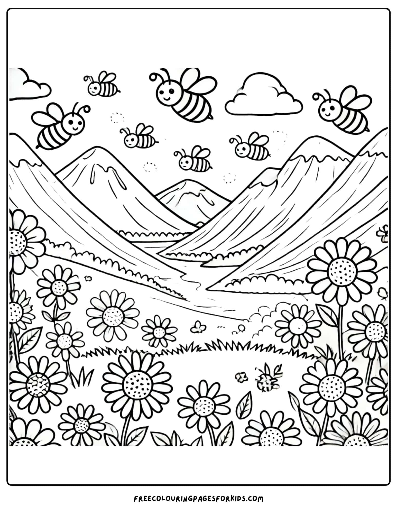 mountain valley with bees and flowers coloring page